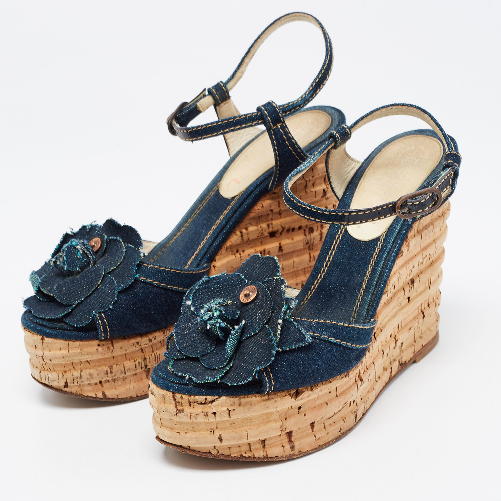 

Chanel Navy Blue Denim Camellia Cork Wedge Platform Sandals Size