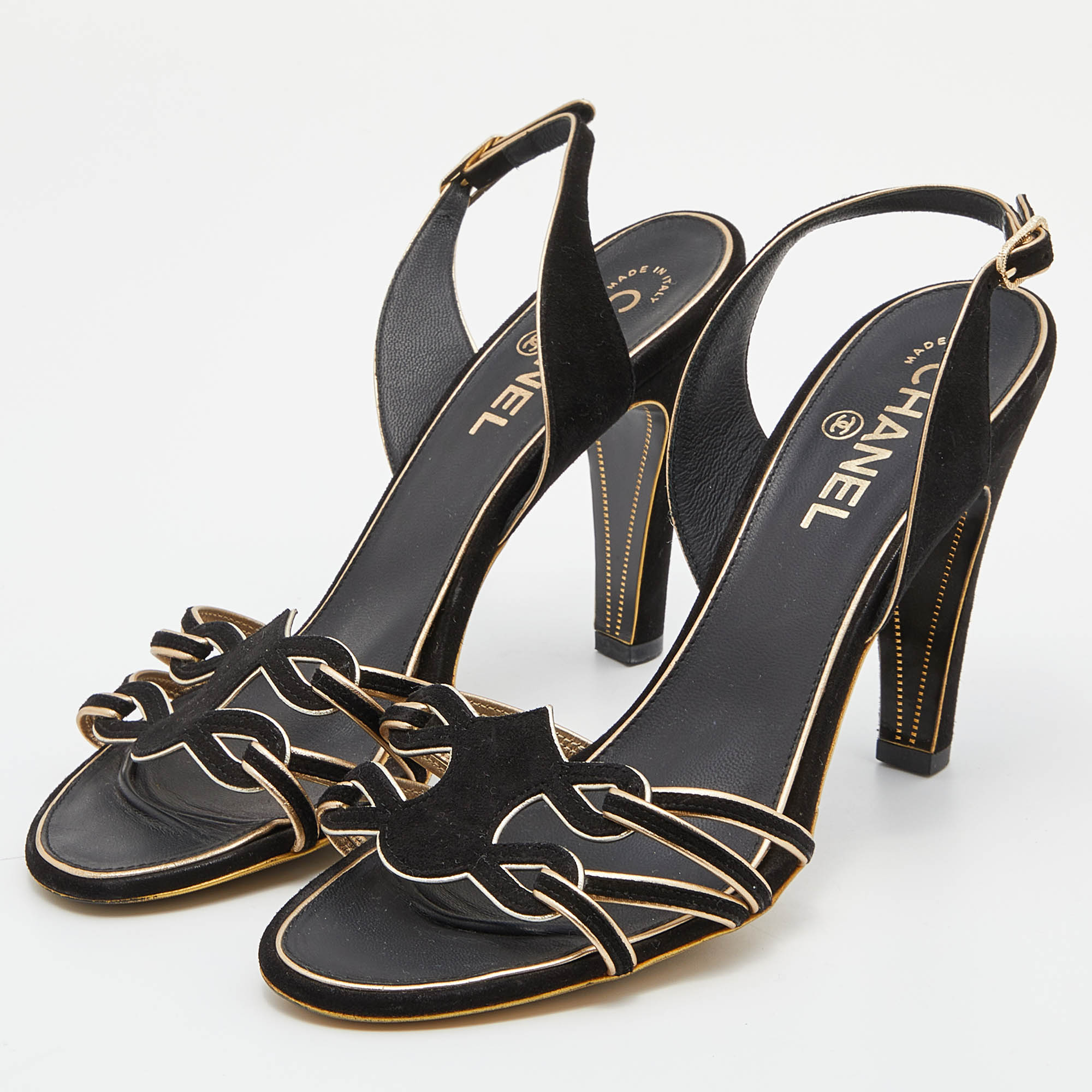 

Chanel Black Suede Cut Out CC Slingback Sandals Size