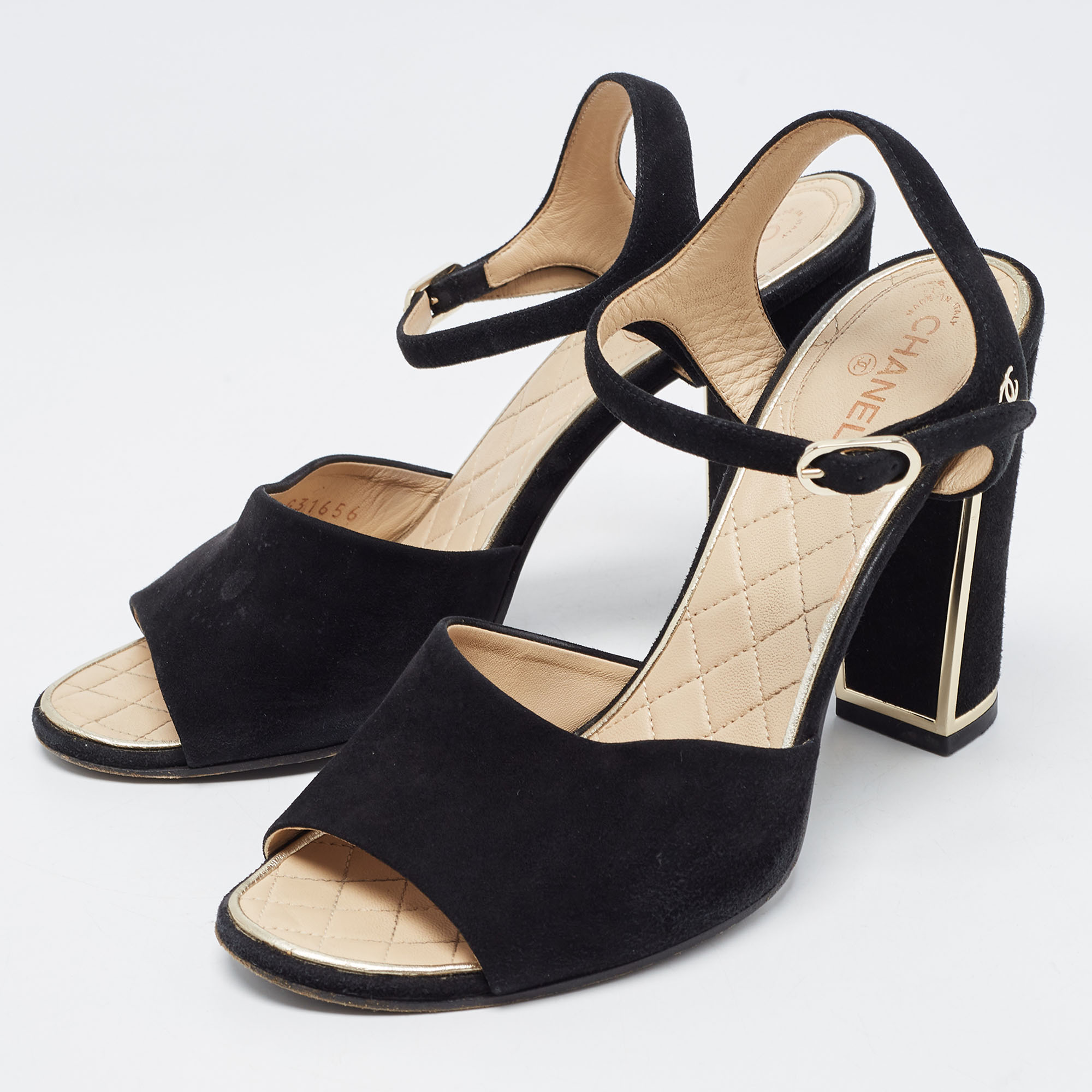 

Chanel Black Suede CC Ankle Strap Sandals Size