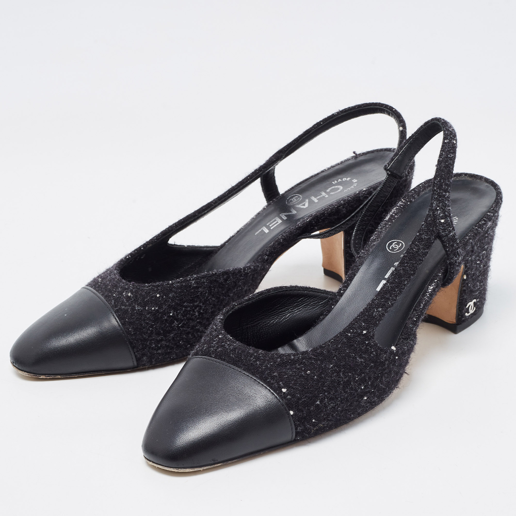 

Chanel Black Tweed and Leather CC Slingback D'orsay Pumps Size