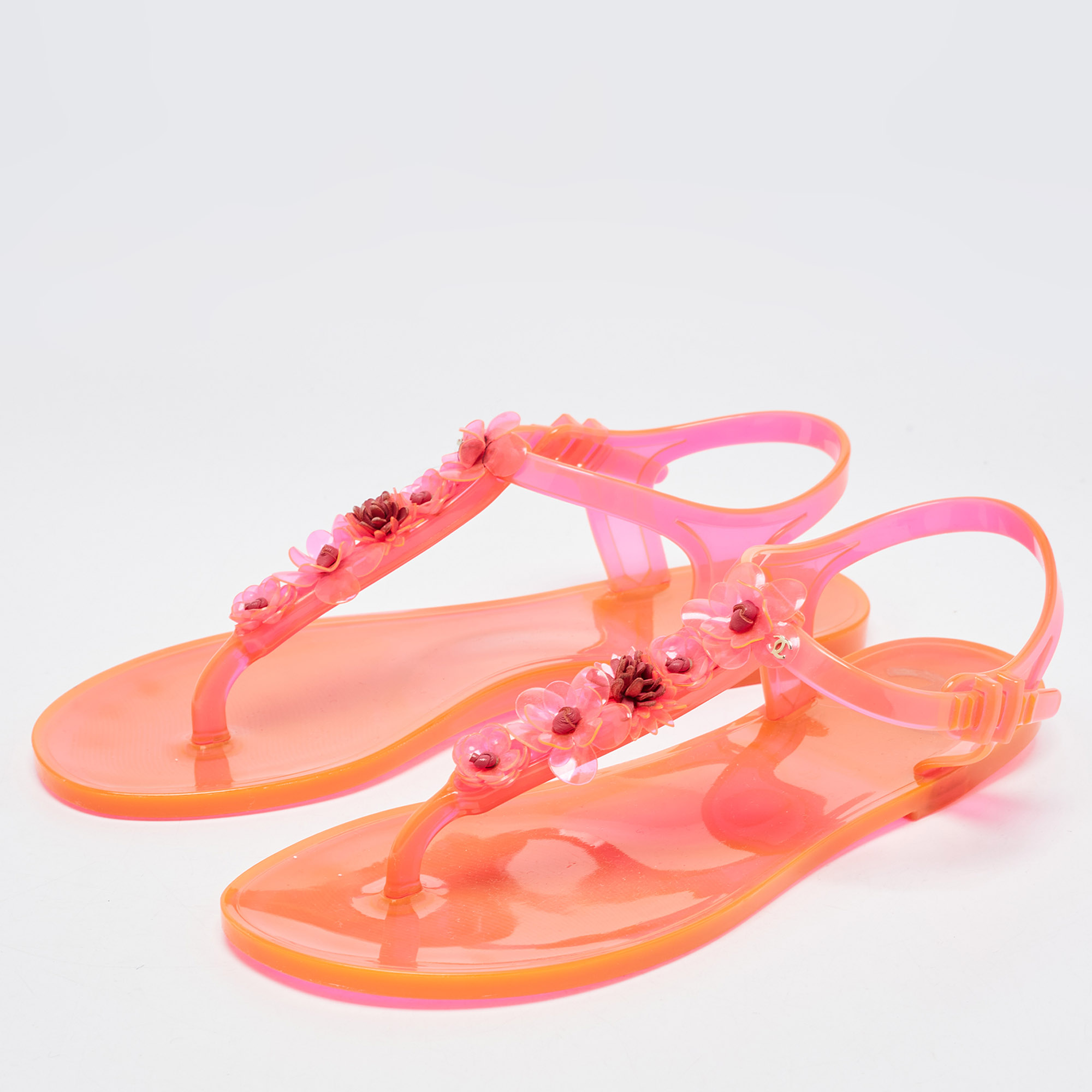 

Chanel Orange Jelly Ankle Strap Sandals Size