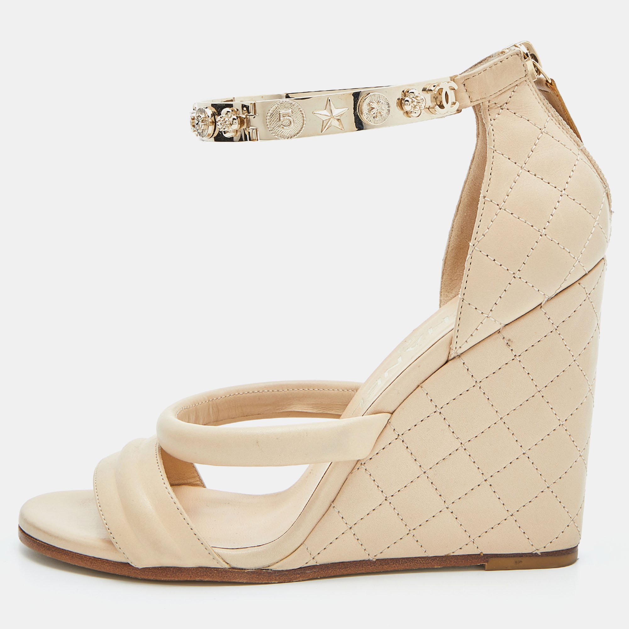 Chanel Beige Quilted Leather Charm Embellished Ankle Cuff Wedge Sandals  Size 40.5 Chanel