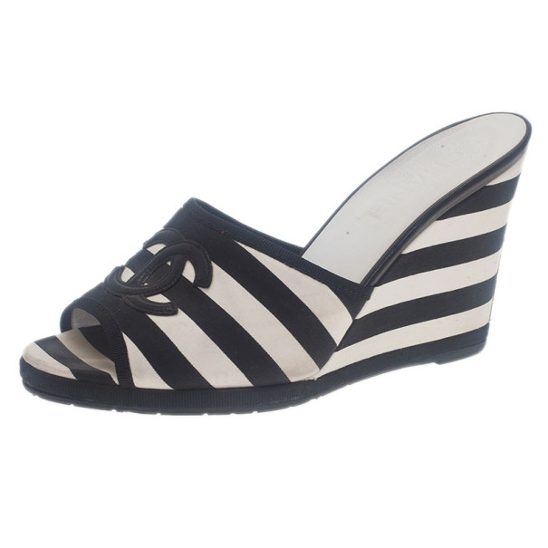 Chanel Black and White Striped Canvas Wedge Slides Size 38