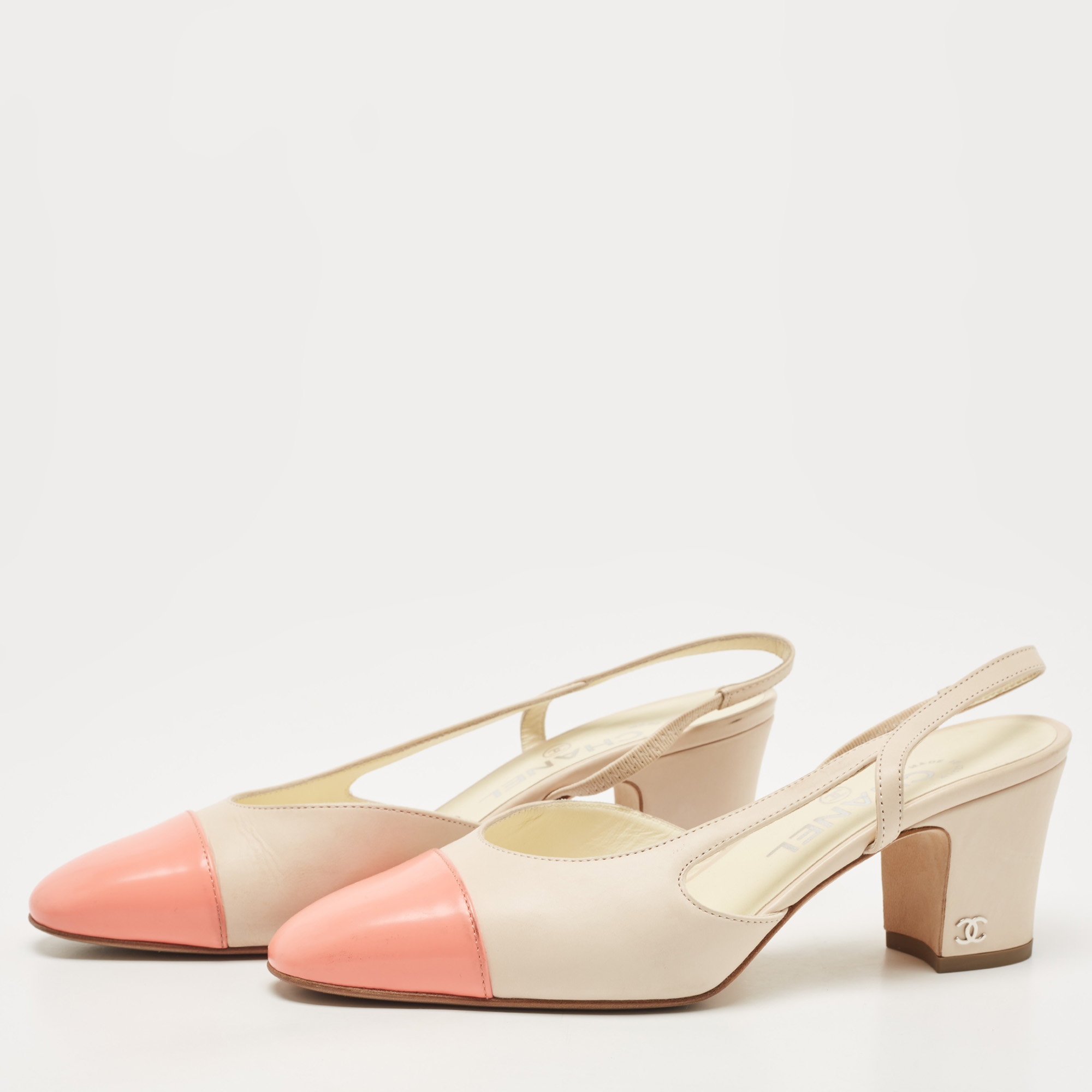 

Chanel Cream/Pink Leather CC Slingback D'orsay Pumps Size