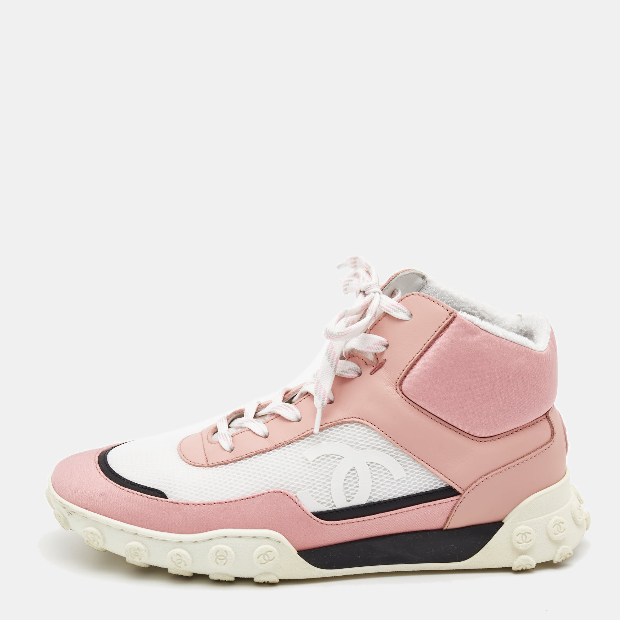 Pre-owned Chanel Pink/white Fabric And Mesh Cc High Top Trainers