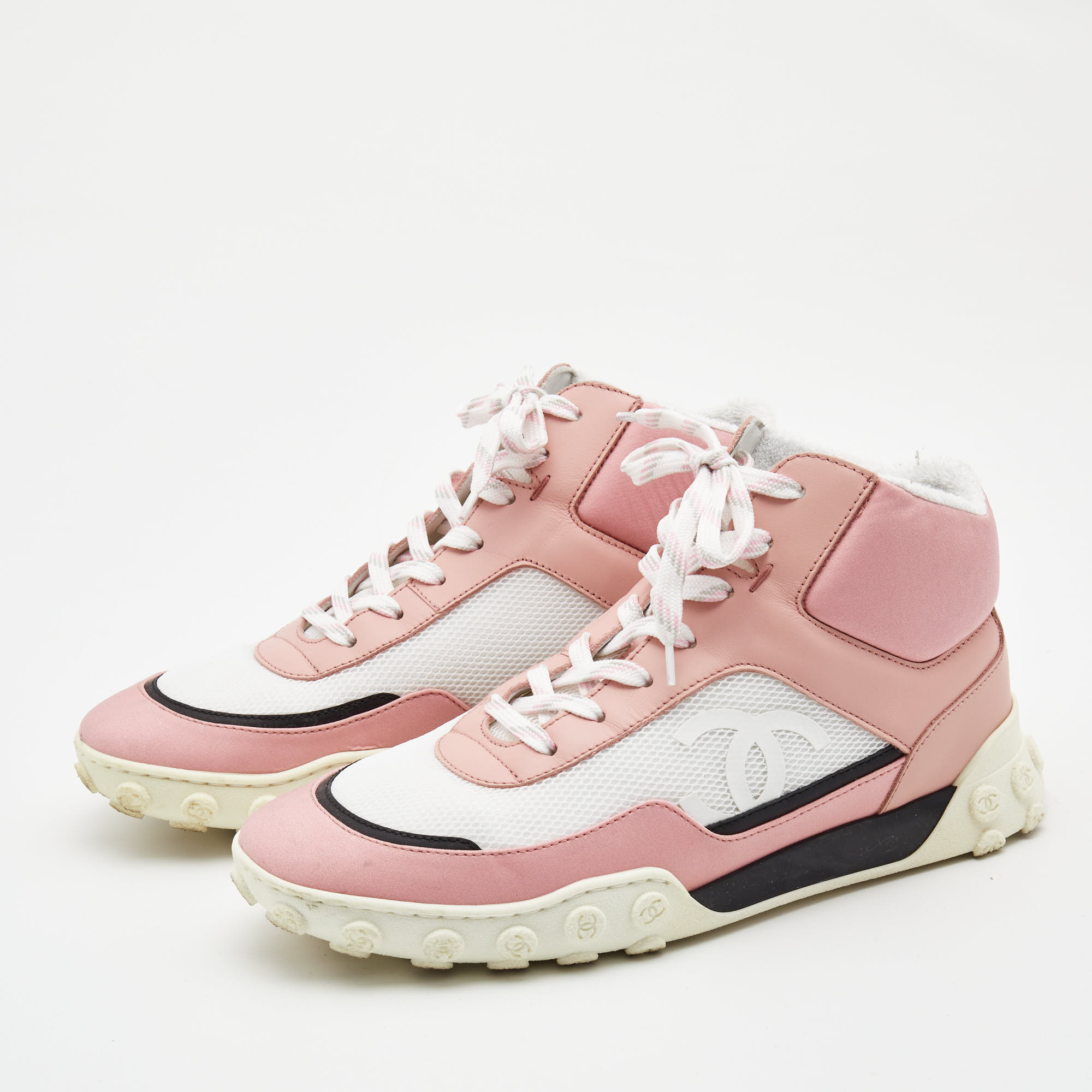 

Chanel Pink/White Fabric and Mesh CC High Top Sneakers Size