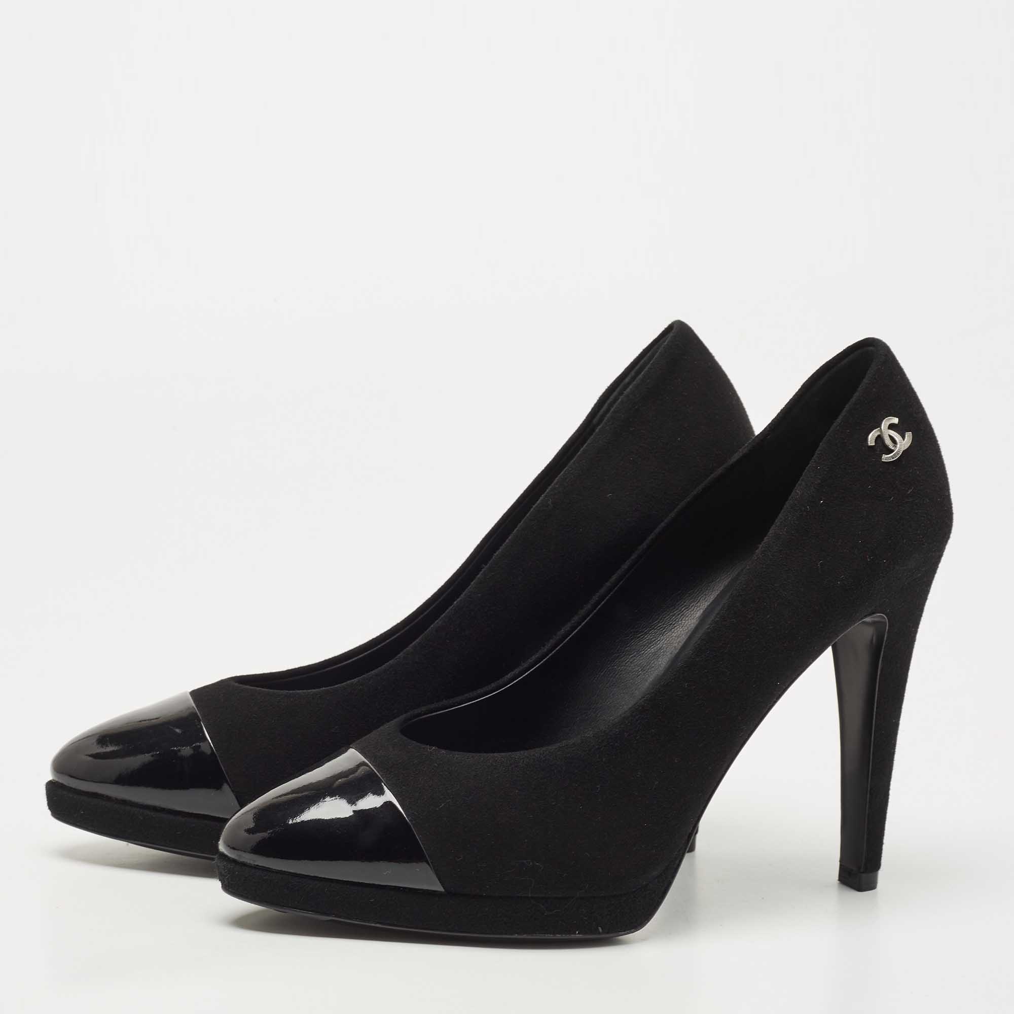 

Chanel Black Suede and Patent Leather CC Platform Pumps Size