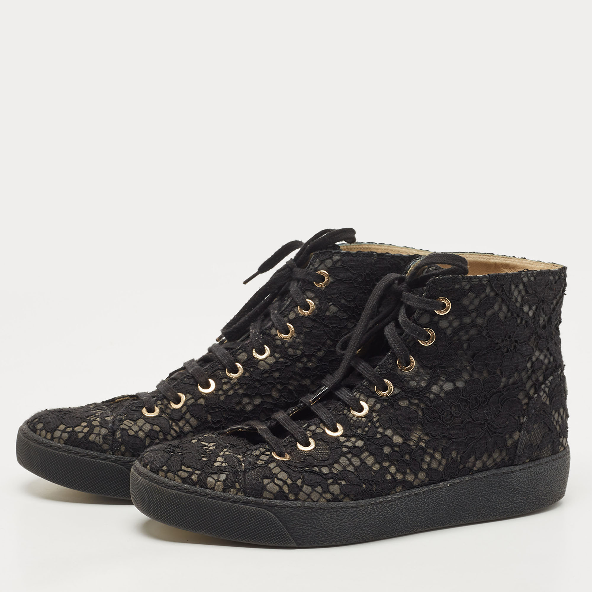

Chanel Black Lace CC High Top Sneakers Size
