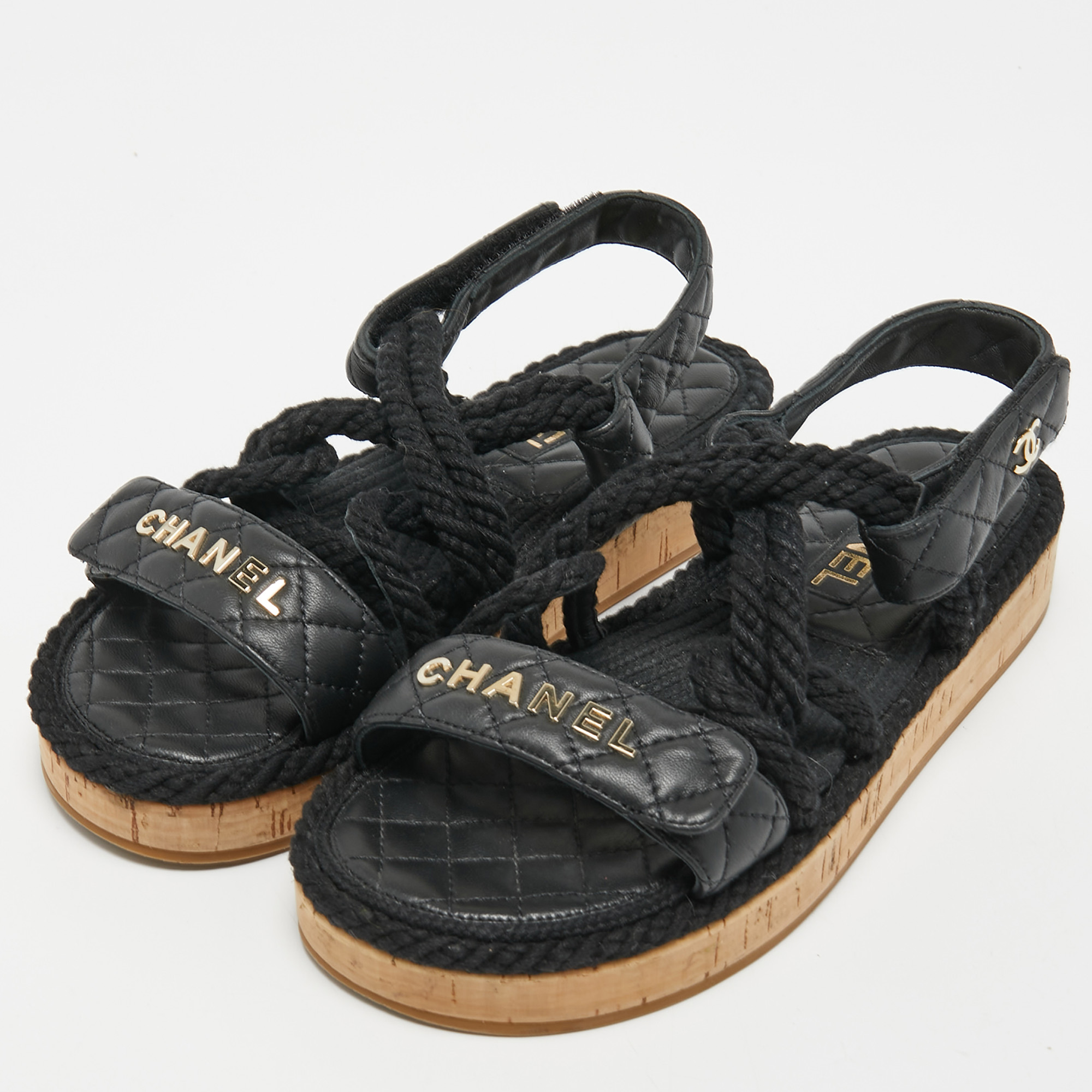 

Chanel Black Quilted Leather Logo Cord Rope Cork Slingback Sandals Size