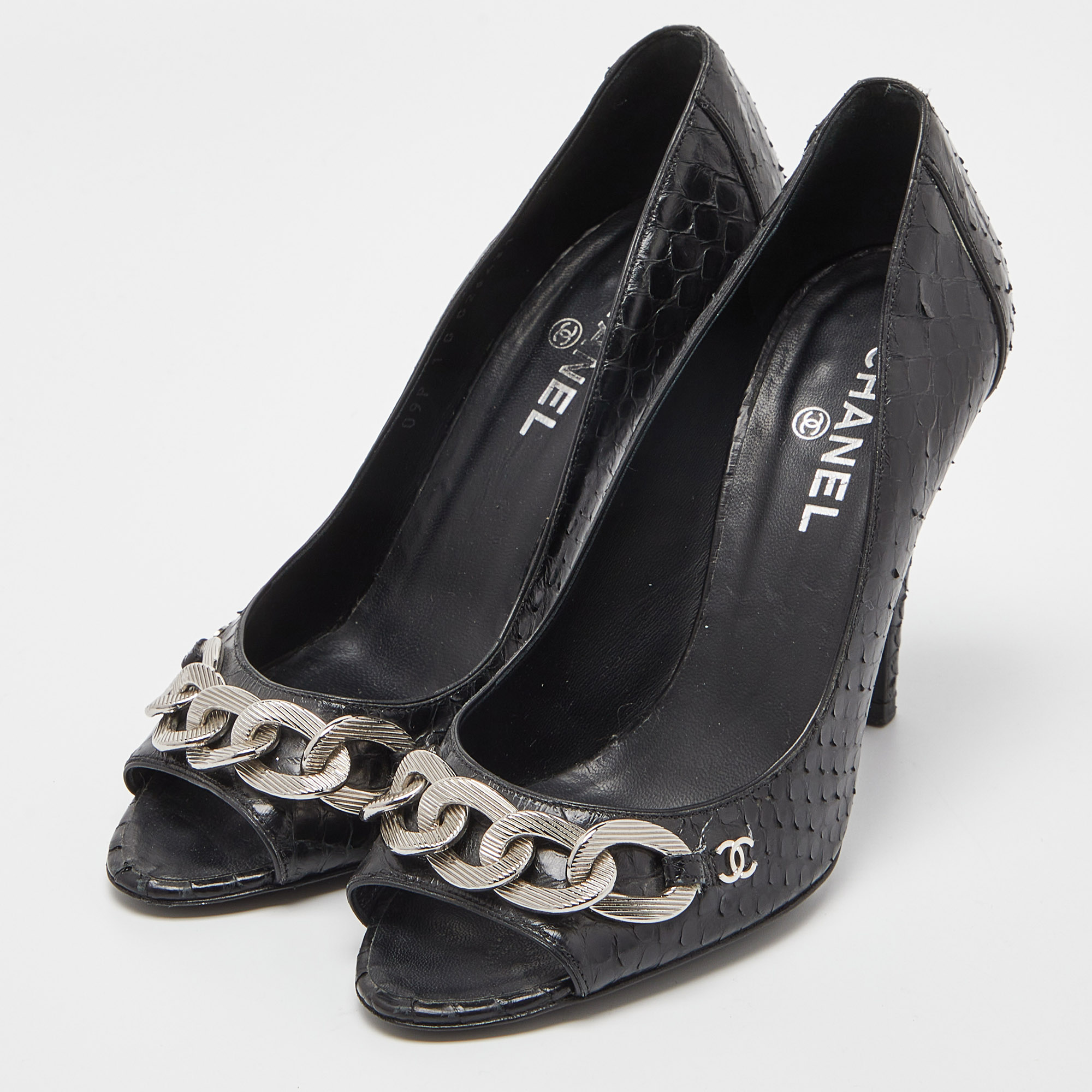 

Chanel Black Python CC Chain Detail Peep Toe Pumps Size