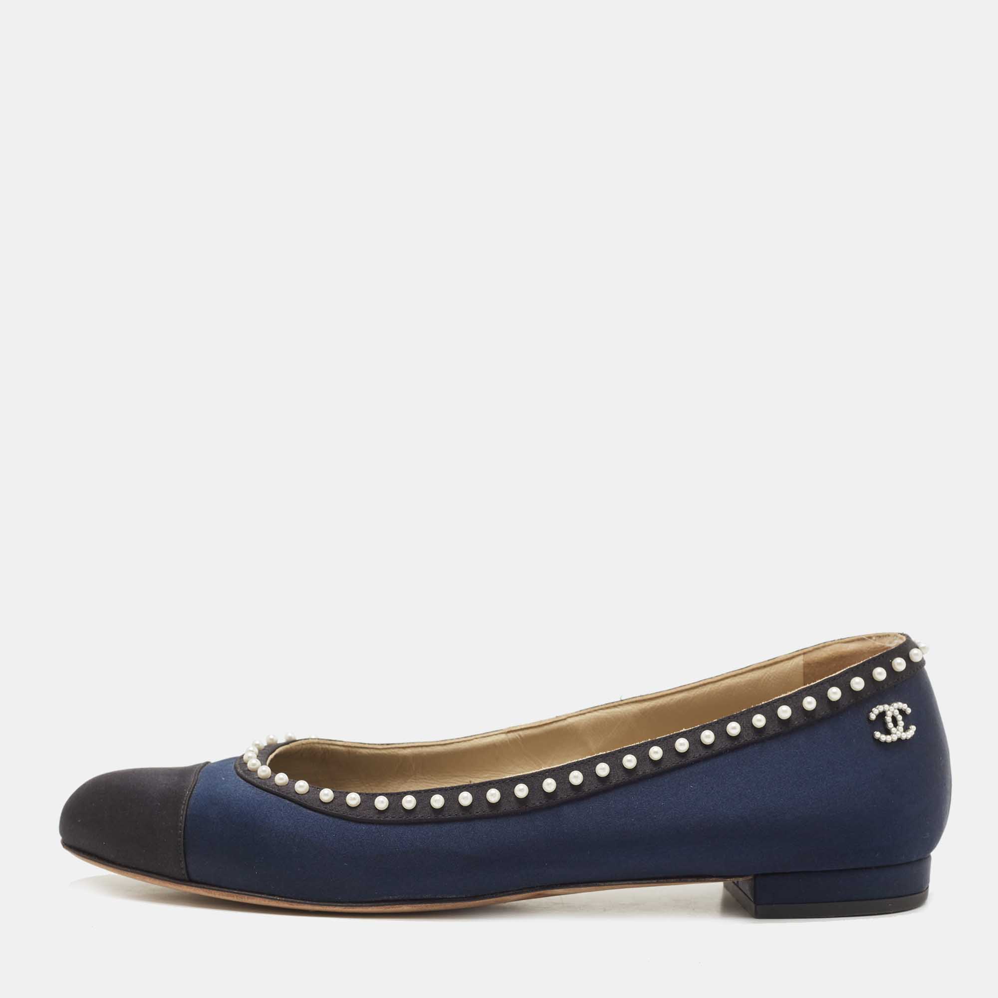 Pre-owned Chanel Navy Blue Satin Pearl Embellished Cap Toe Ballet Flats  Size 40