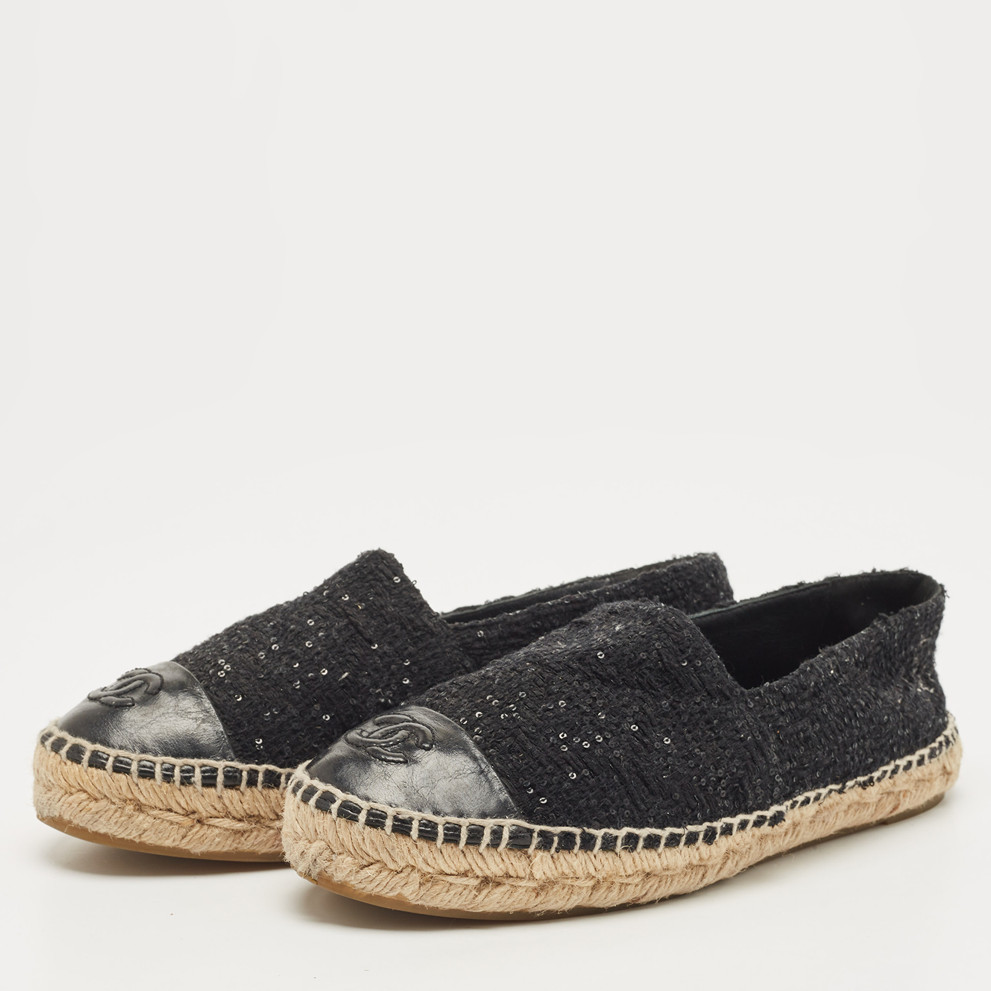 

Chanel Black Sequin and Leather CC Cap Toe Espadrille Size
