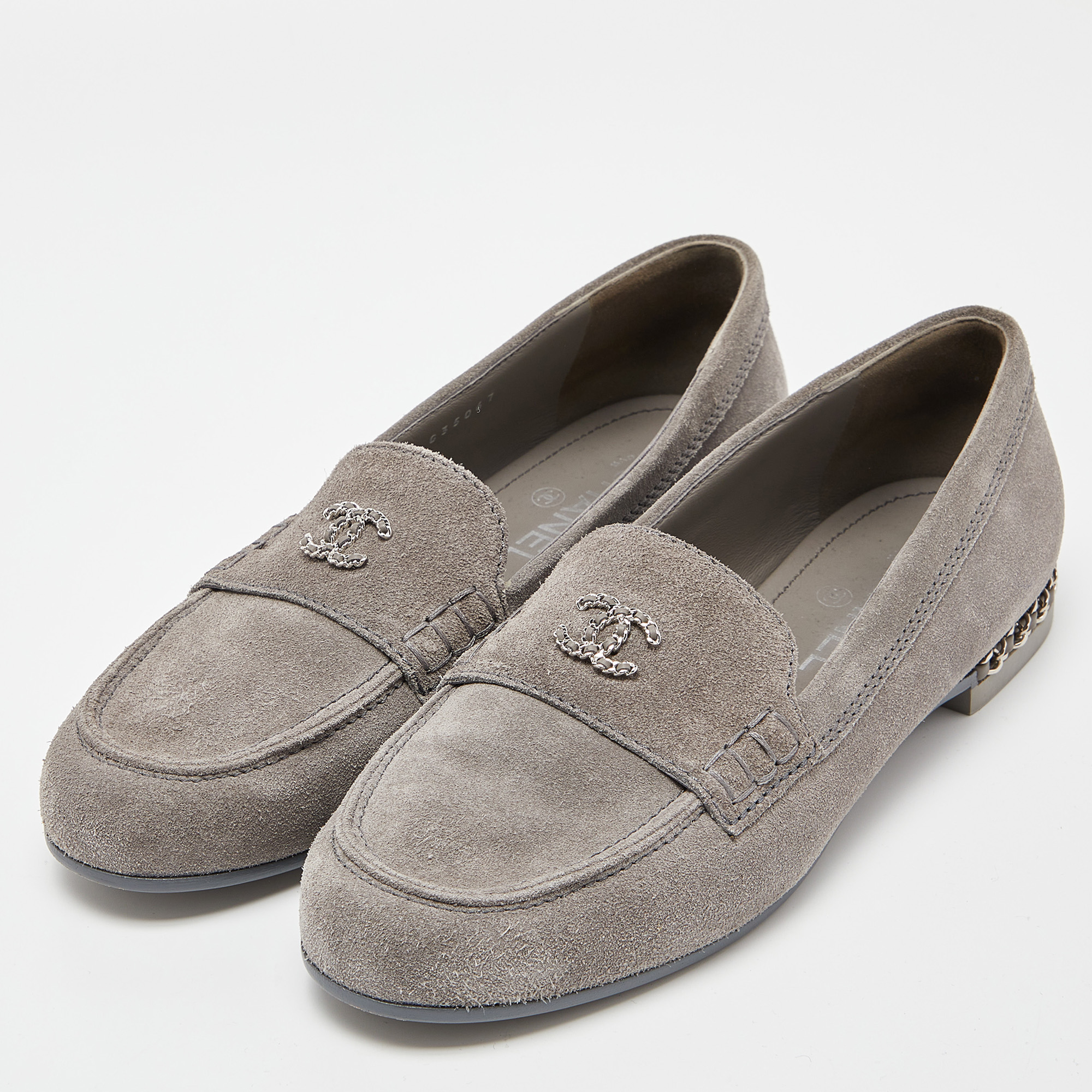 

Chanel Grey Suede CC Chain Loafers Size
