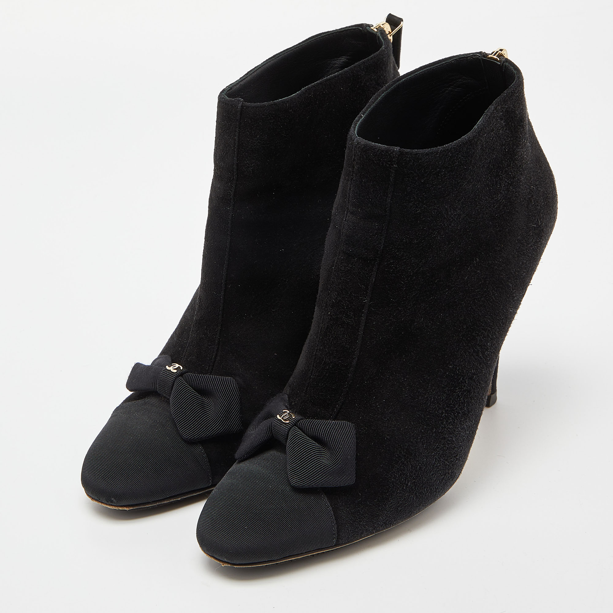 

Chanel Black Suede and Canvas Zip Bow Cap Booties Size