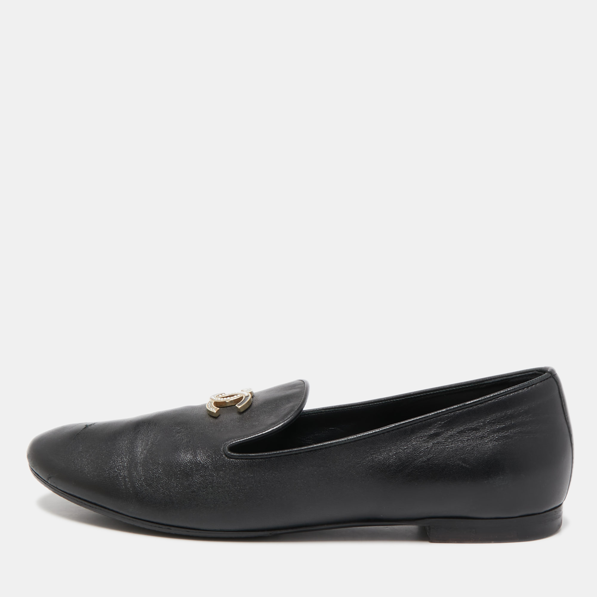 Pre Owned Chanel Black Leather CC Slip On Smoking Slippers Size 40