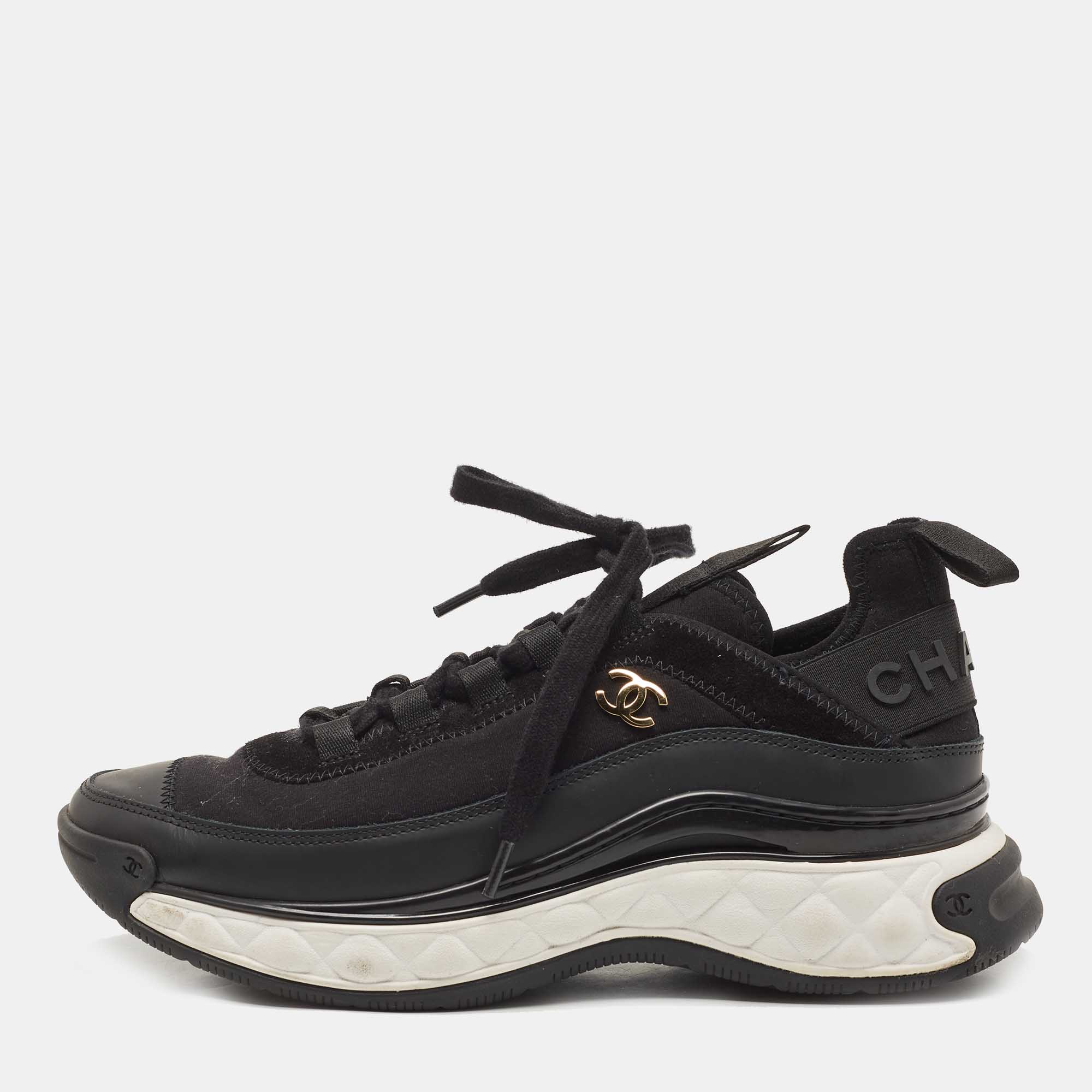 Pre Owned Chanel Black Fabric and Leather CC Low Top Sneakers Size 38