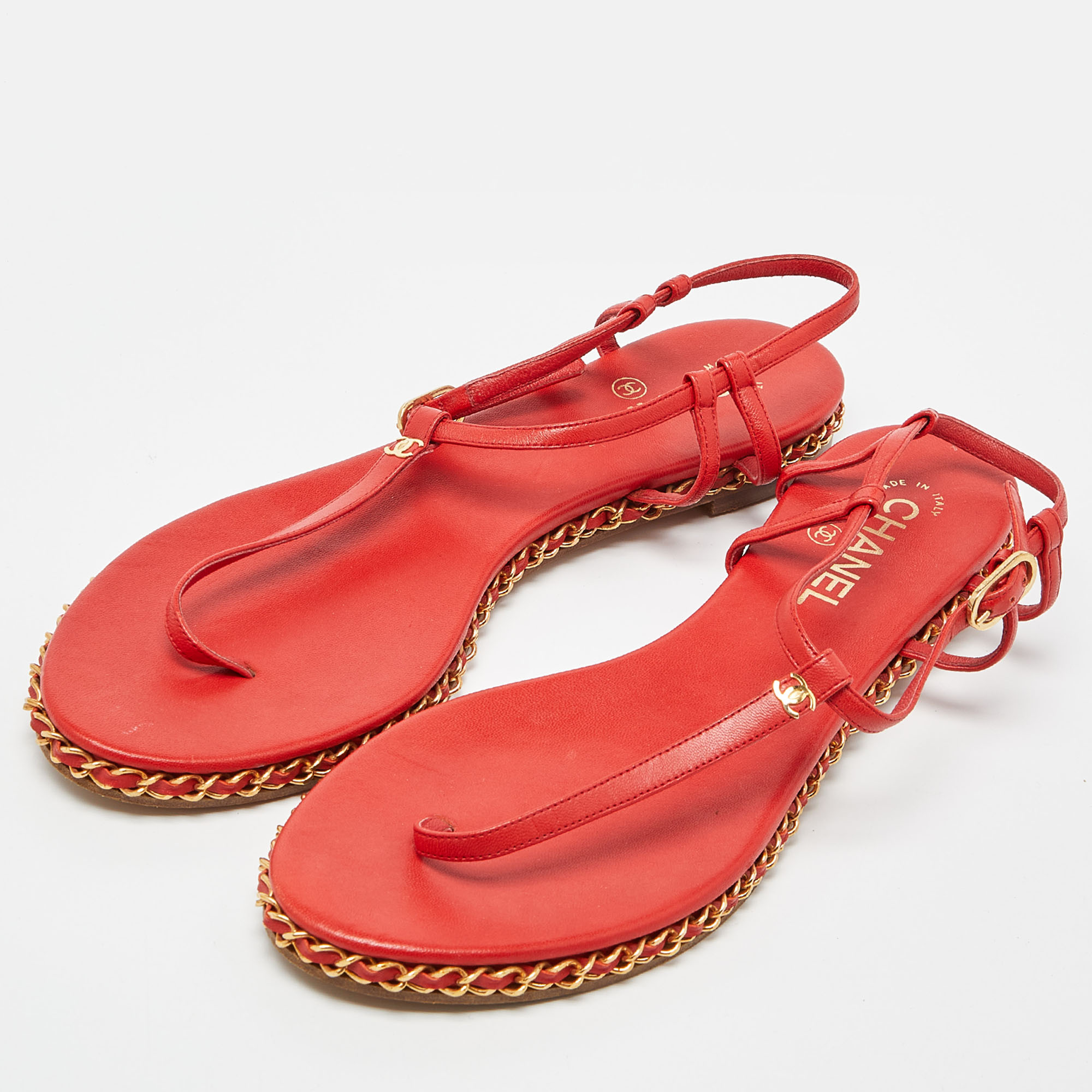 

Chanel Red Leather CC Chain Flat Ankle Strap Sandals Size
