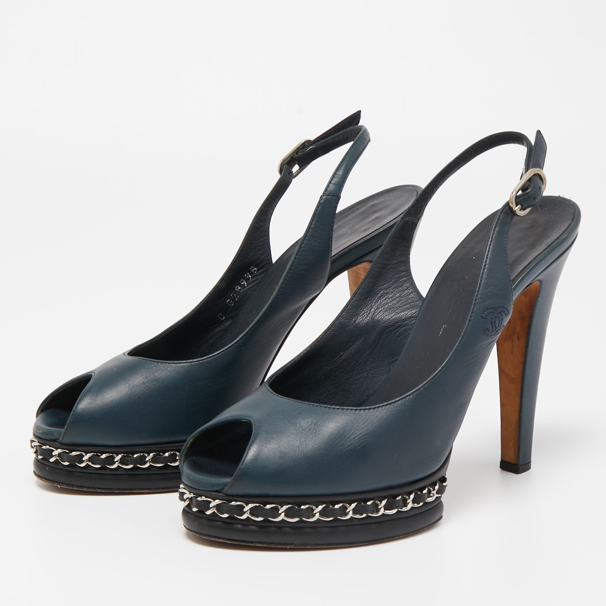 

Chanel Navy Blue Leather CC Chain Detail Peep Toe Platform Slingback Sandals Size