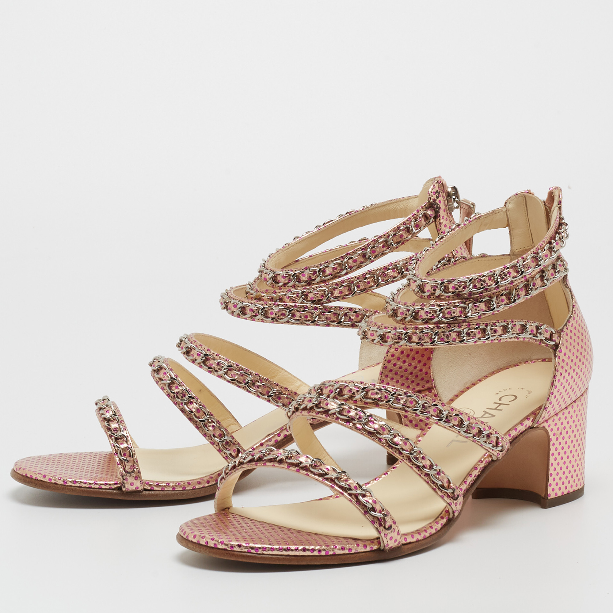 

Chanel Metallic Pink Textured Leather Chan Detail Block Heel Strappy Sandals Size