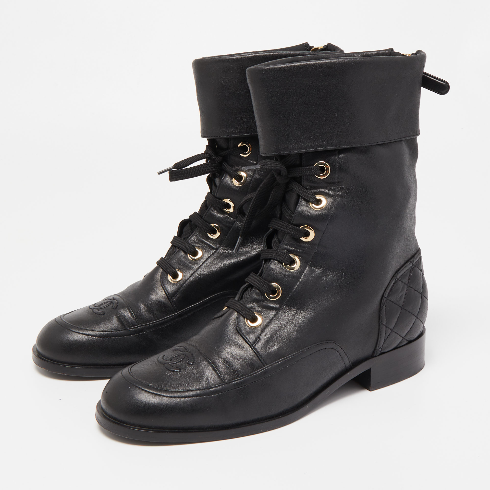 

Chanel Black Quilted Leather CC Combat Boots Size