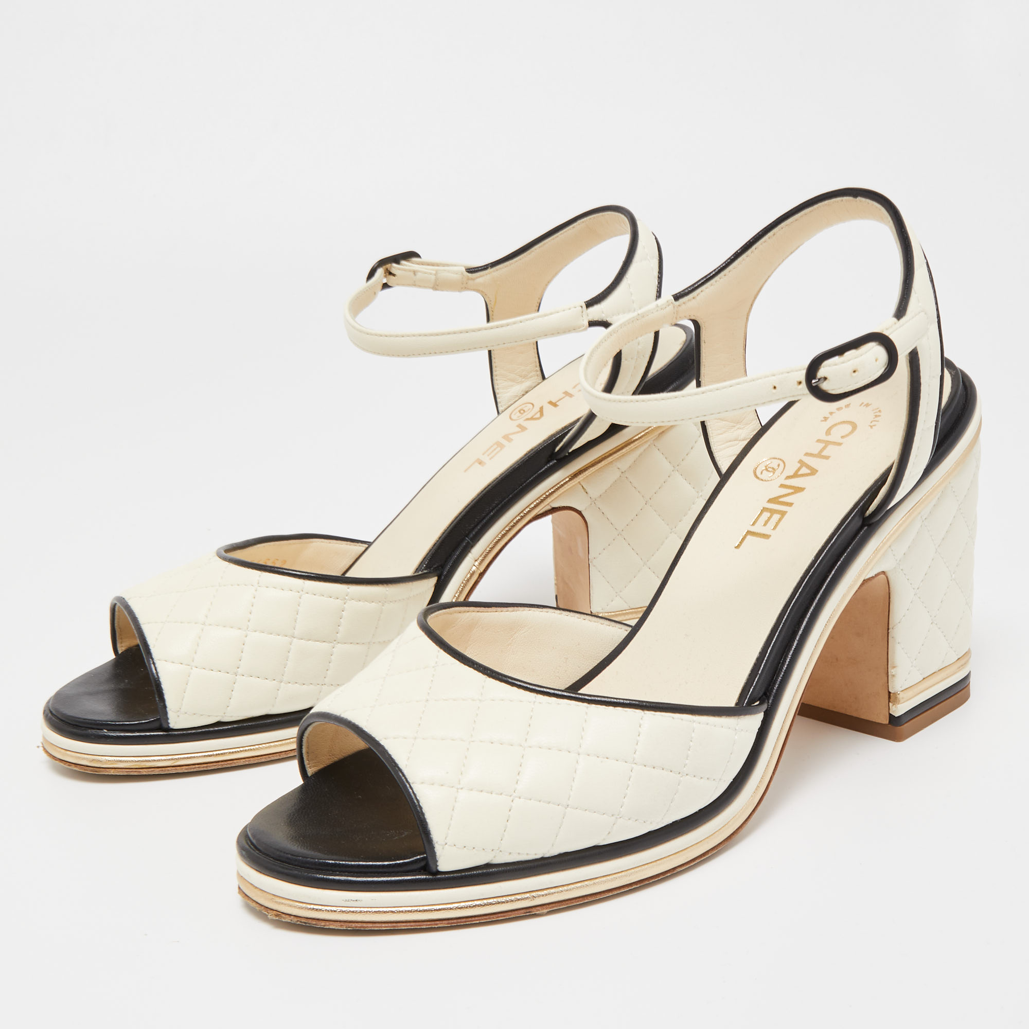 

Chanel Cream Quilted Leather CC Ankle Strap Pumps Size