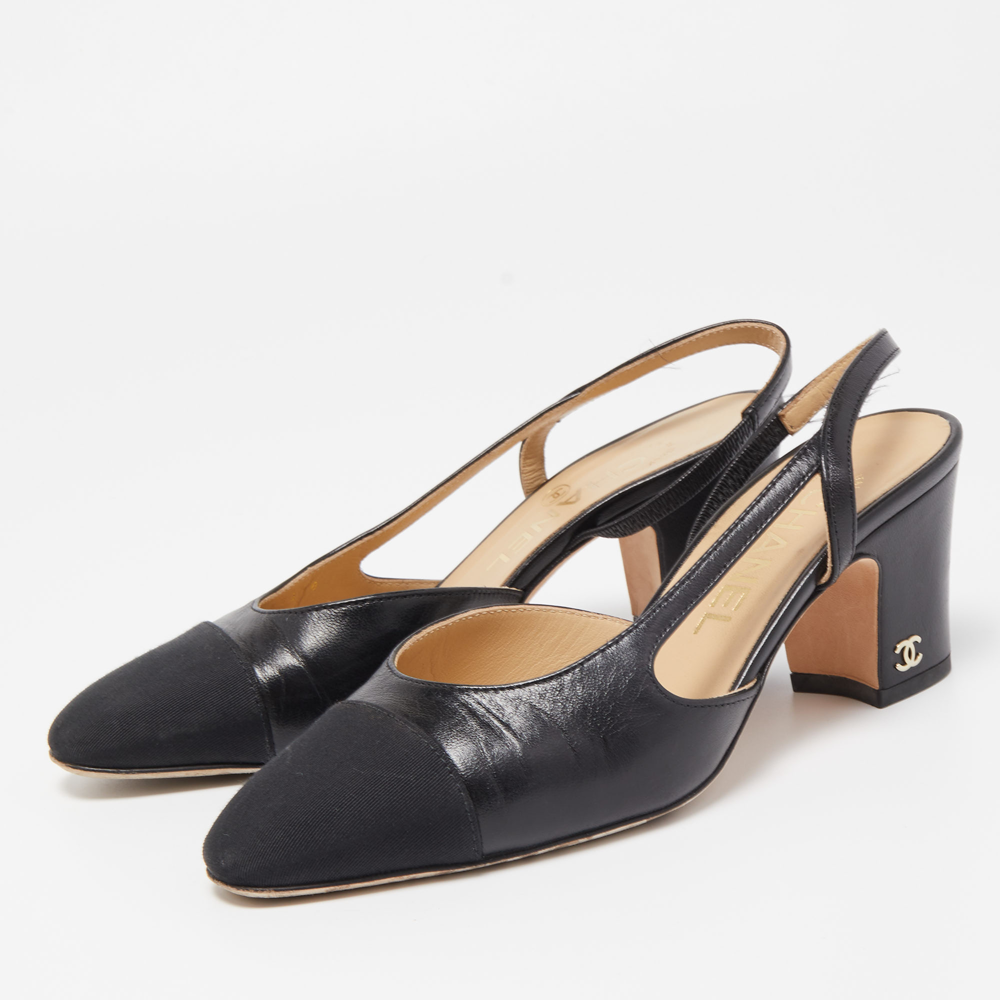 

Chanel Black Leather CC Cap Toe Slingback Pumps Size