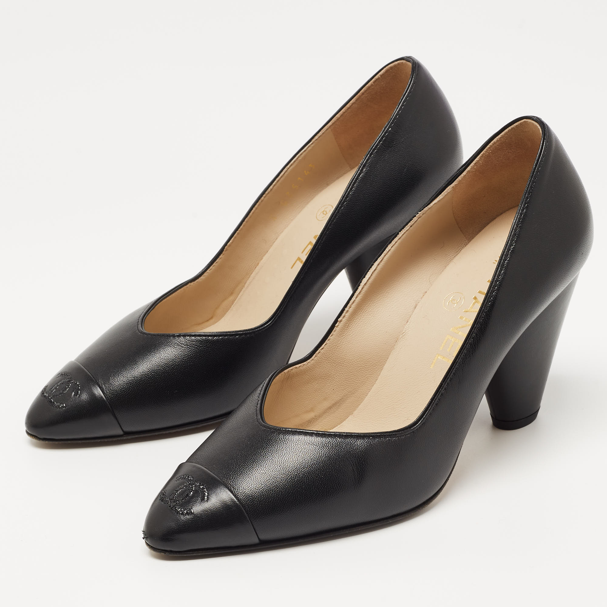 

Chanel Black Leather CC Cap Toe Pumps Size