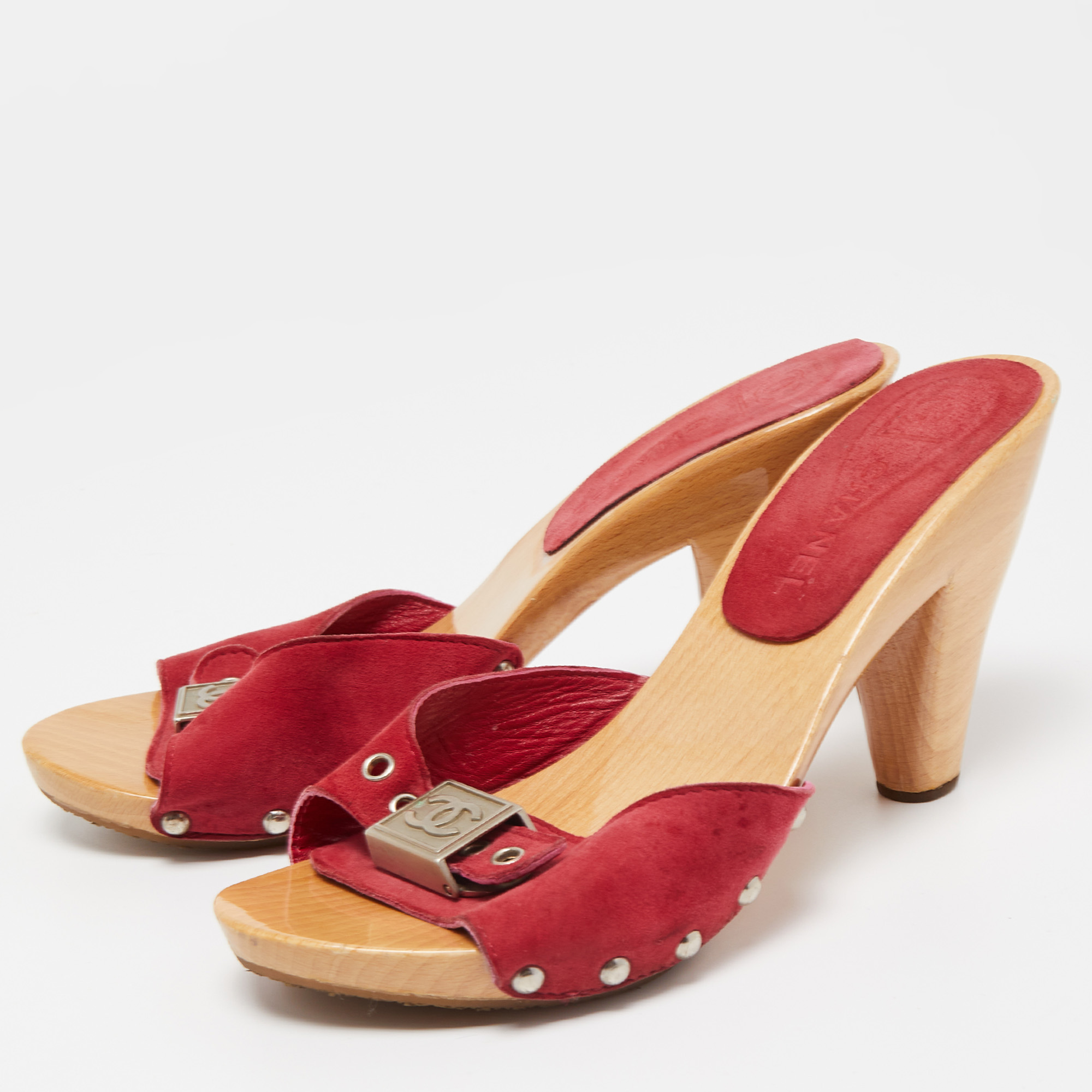 

Chanel Red Suede CC Buckle Wooden Clogs Size