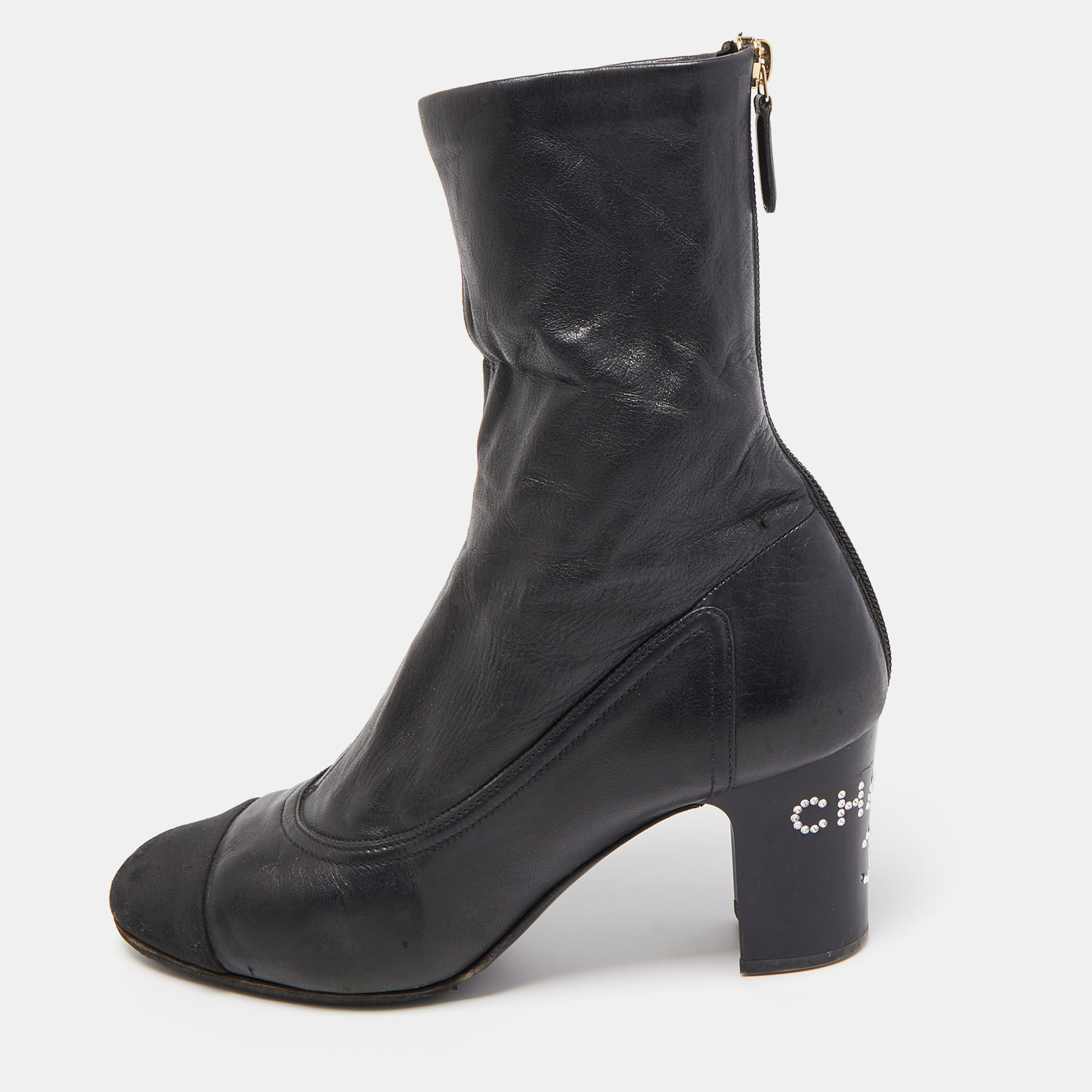 Pre-owned Chanel Black Canvas And Leather Cc Cap Toe Ankle Boots Size 39