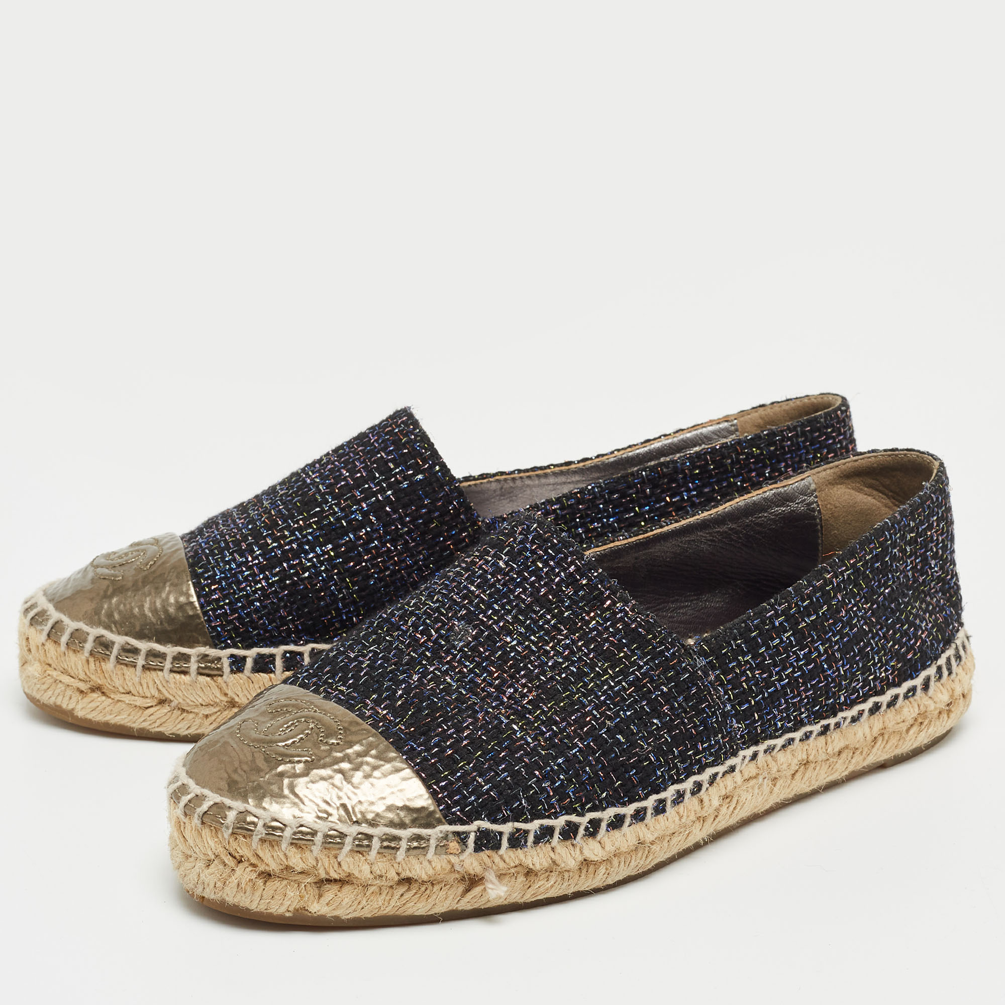 

Chanel Multicolor Woven Fabric and Leather, CC Cap Toe Ballet Flats Size