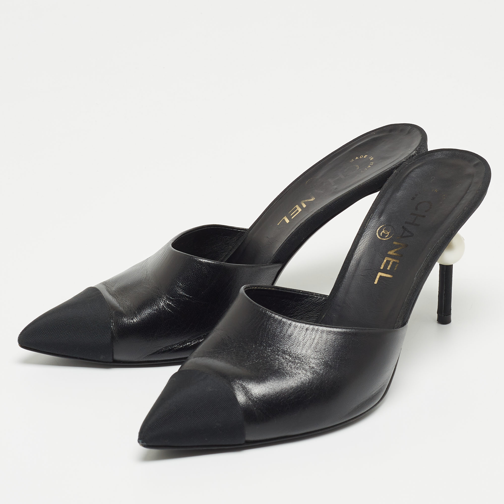

Chanel Black Canvas and Leather CC Logo Mules Size