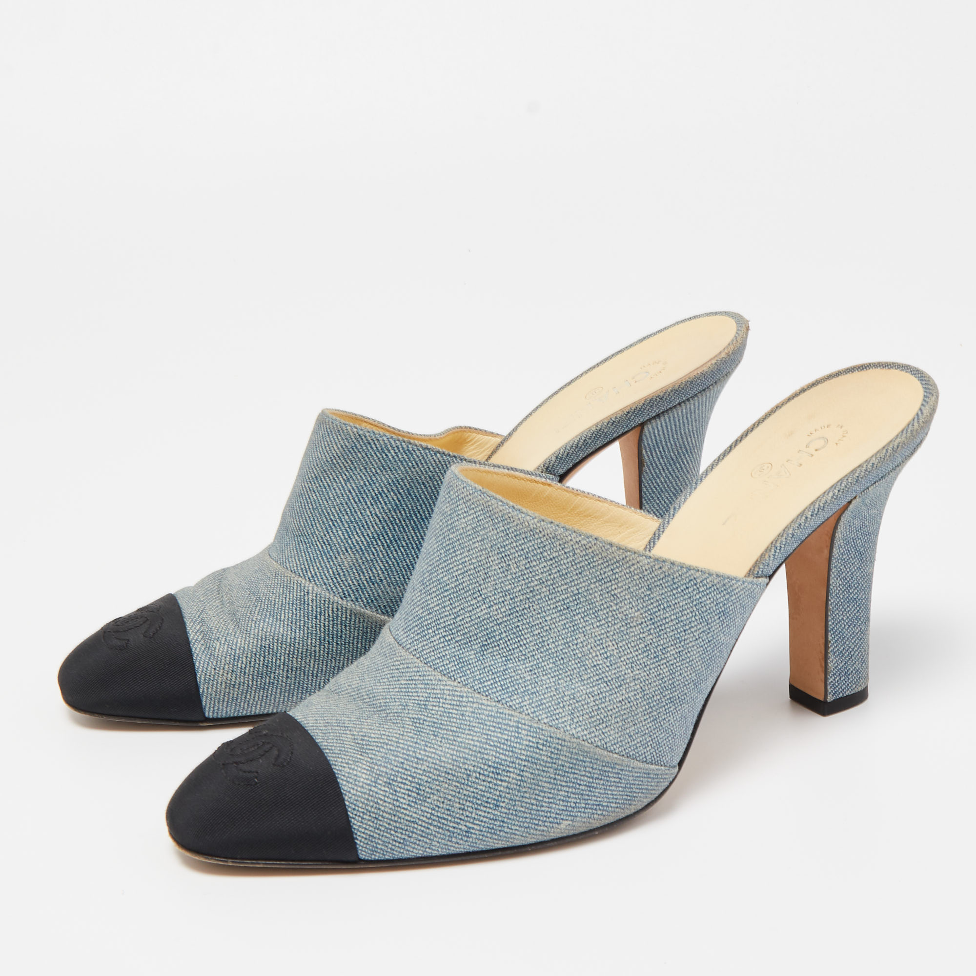 

Chanel Blue/Black Denim CC Cap Toe Mules Size