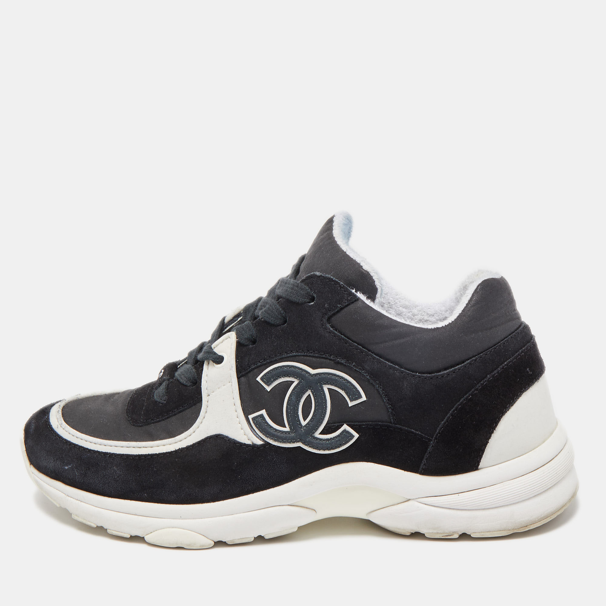 CHANEL Fabric Suede Calfskin Stretch CC Sneakers 38.5 White Grey