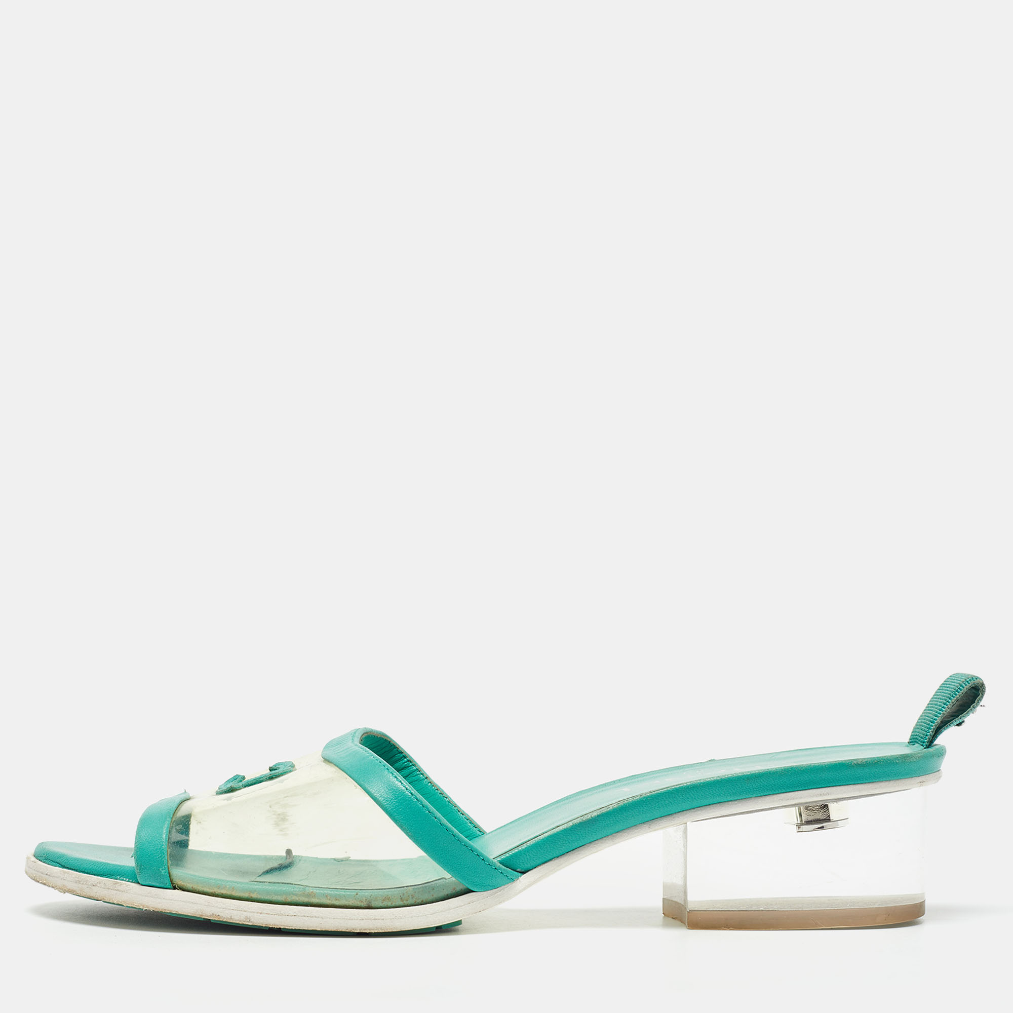 

Chanel Green Leather and PVC CC Slide Sandals Size