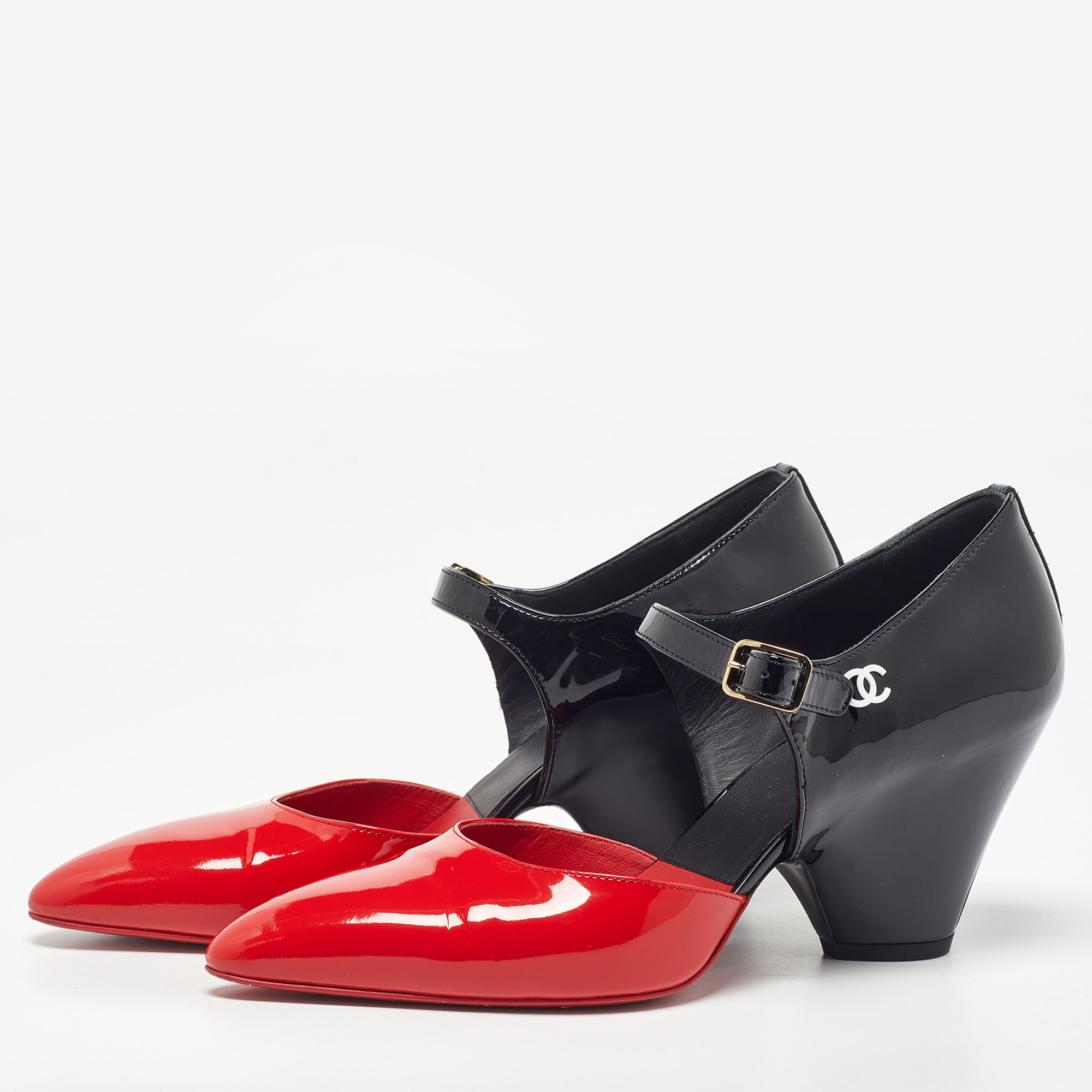 

Chanel Red/Black Patent Leather Mary Jane Wedge Pumps Size