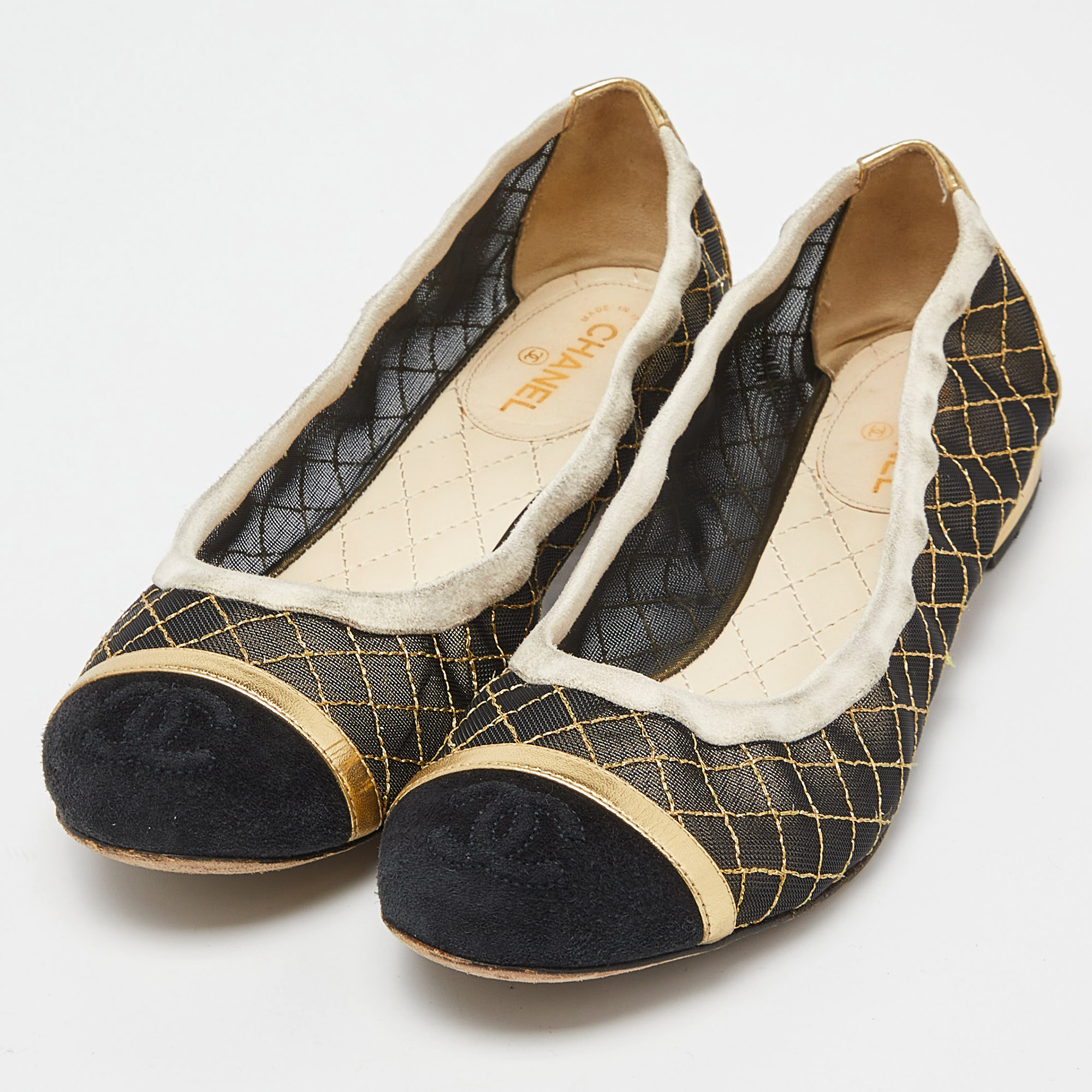

Chanel Tricolor Patent Leather and Mesh CC Cap Toe Ballet Flats Size, Black