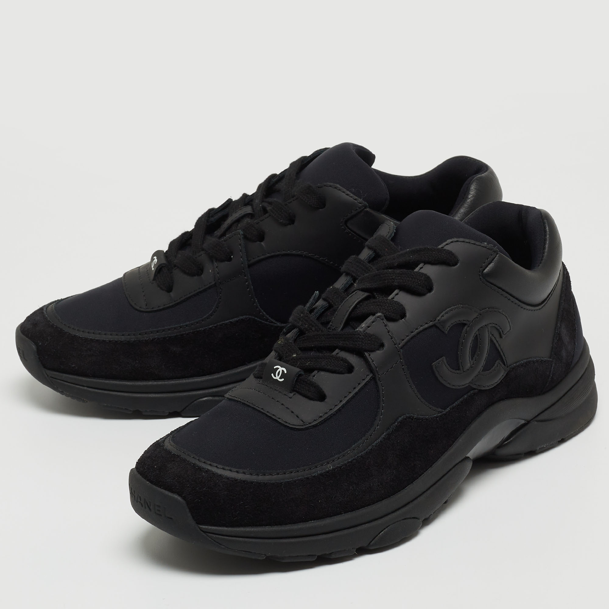 

Chanel Black Suede and Fabric CC Low Top Sneakers Size