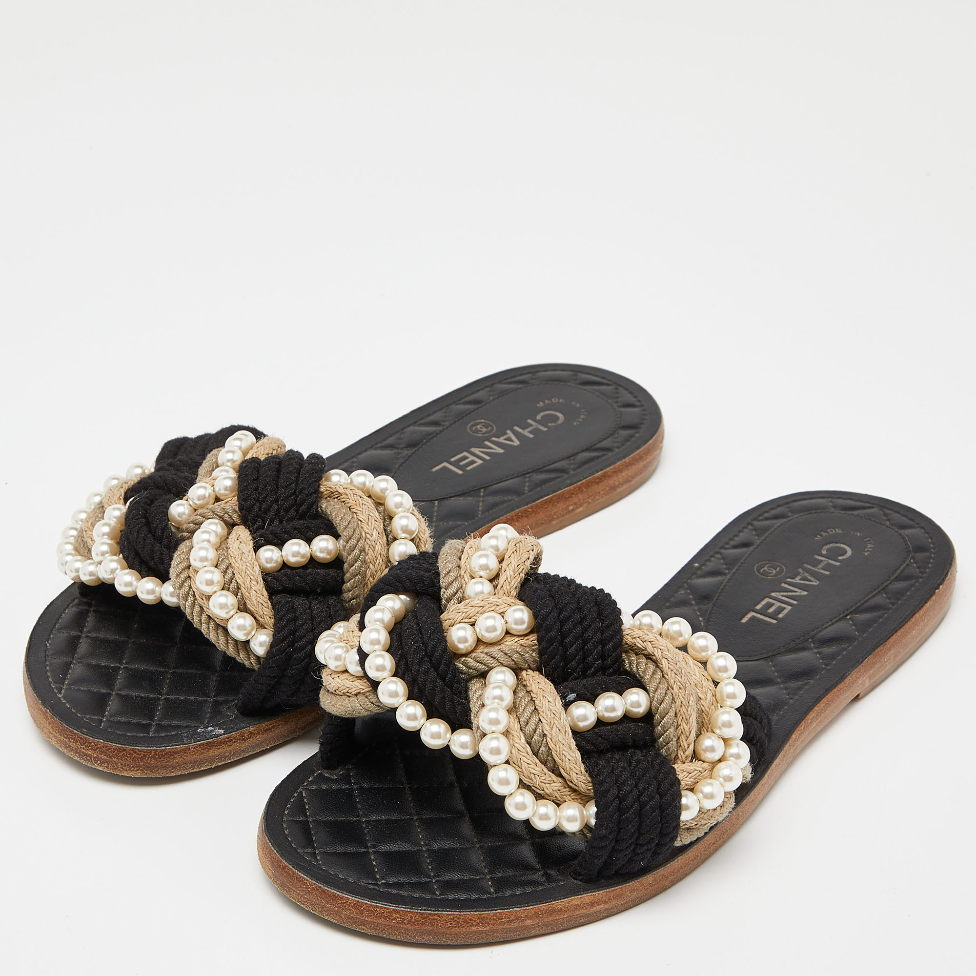 

Chanel Black/White Braid Fabric Pearl Flat Slides Size