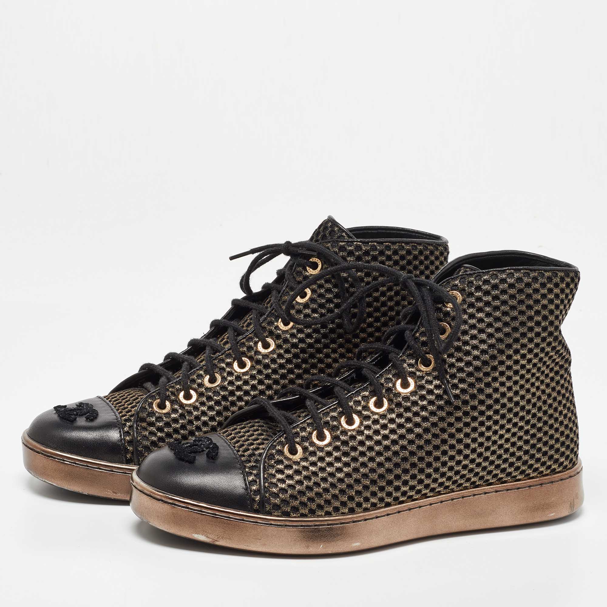

Chanel Metallic Gold/Black Mesh and Leather CC High Top Sneakers Size
