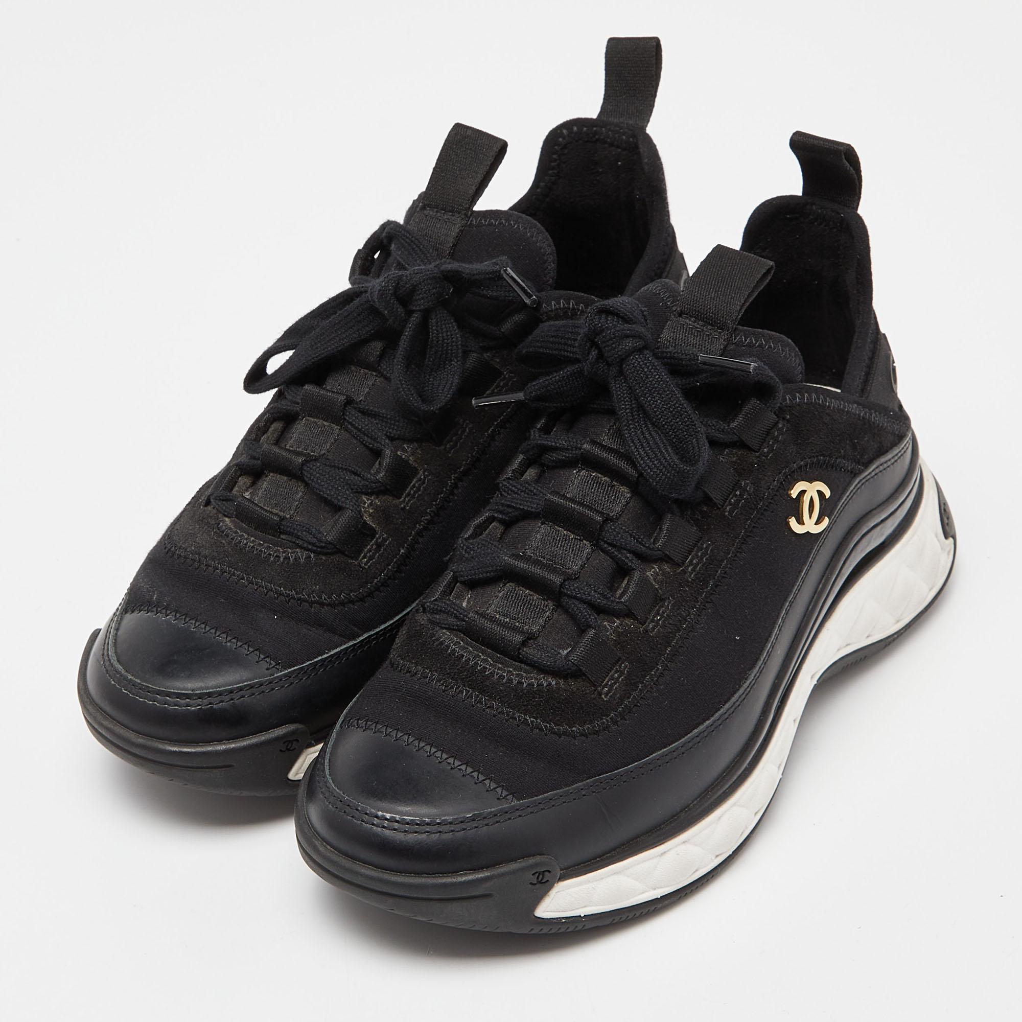 

Chanel Black Fabric and Leather CC Logo Lace Up Sneakers Size
