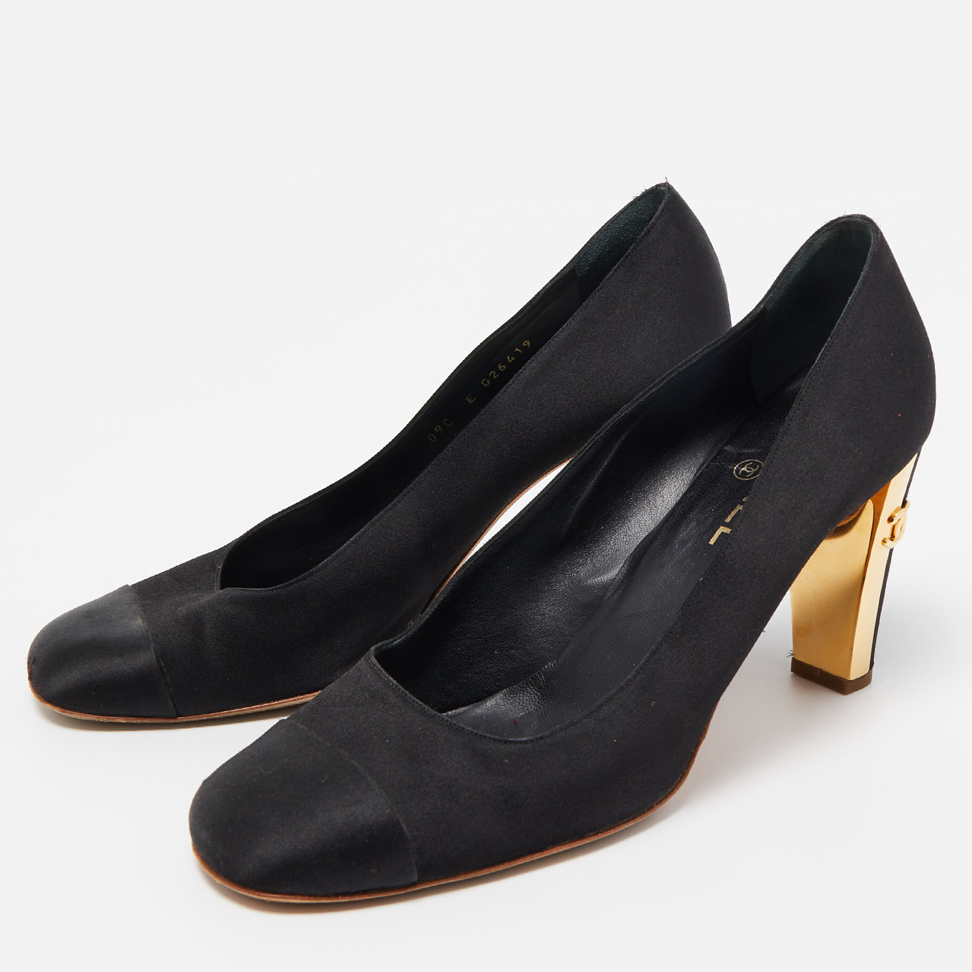 

Chanel Black Satin CC Square Toe Pumps Size
