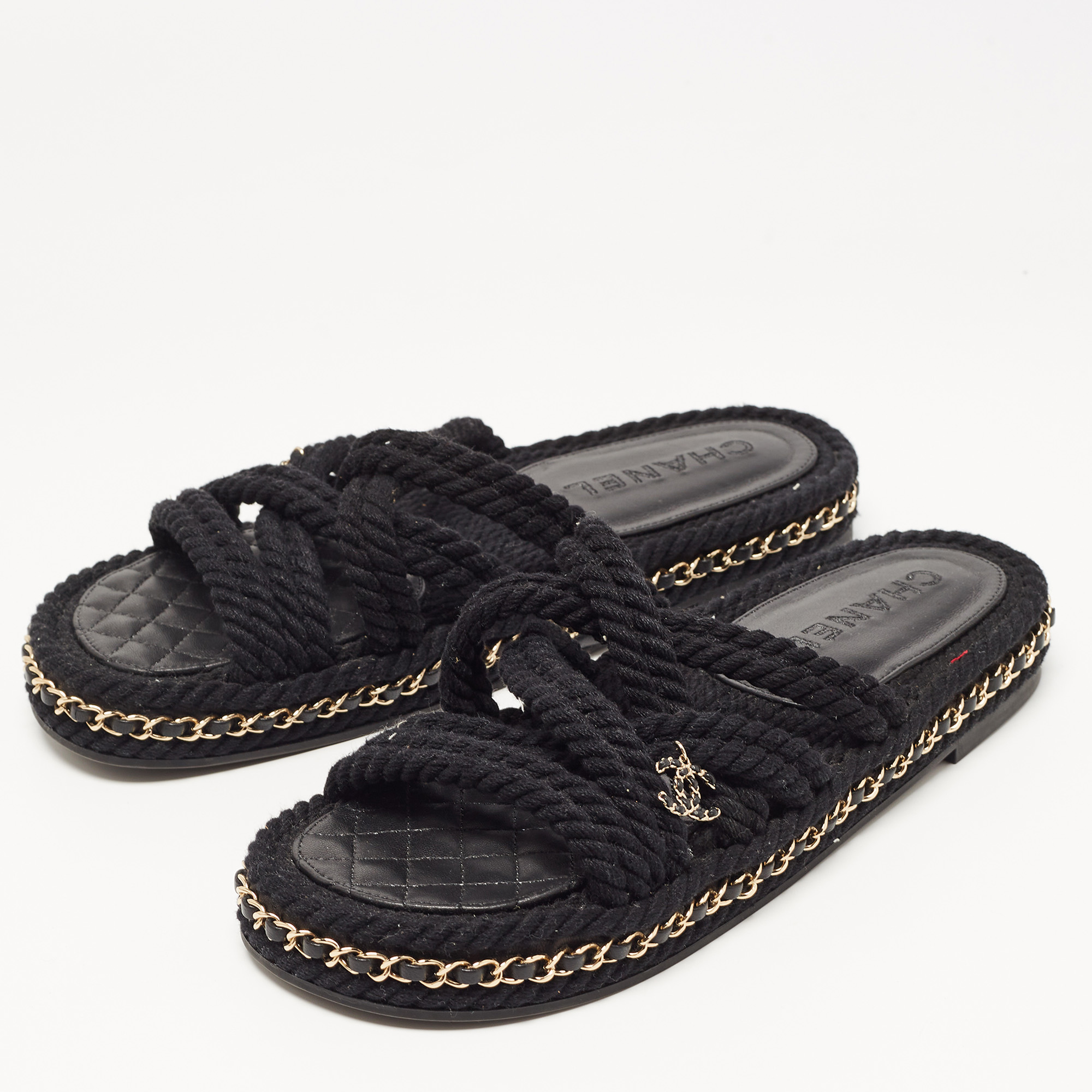 

Chanel Black Rope CC Chain Link Slides Size