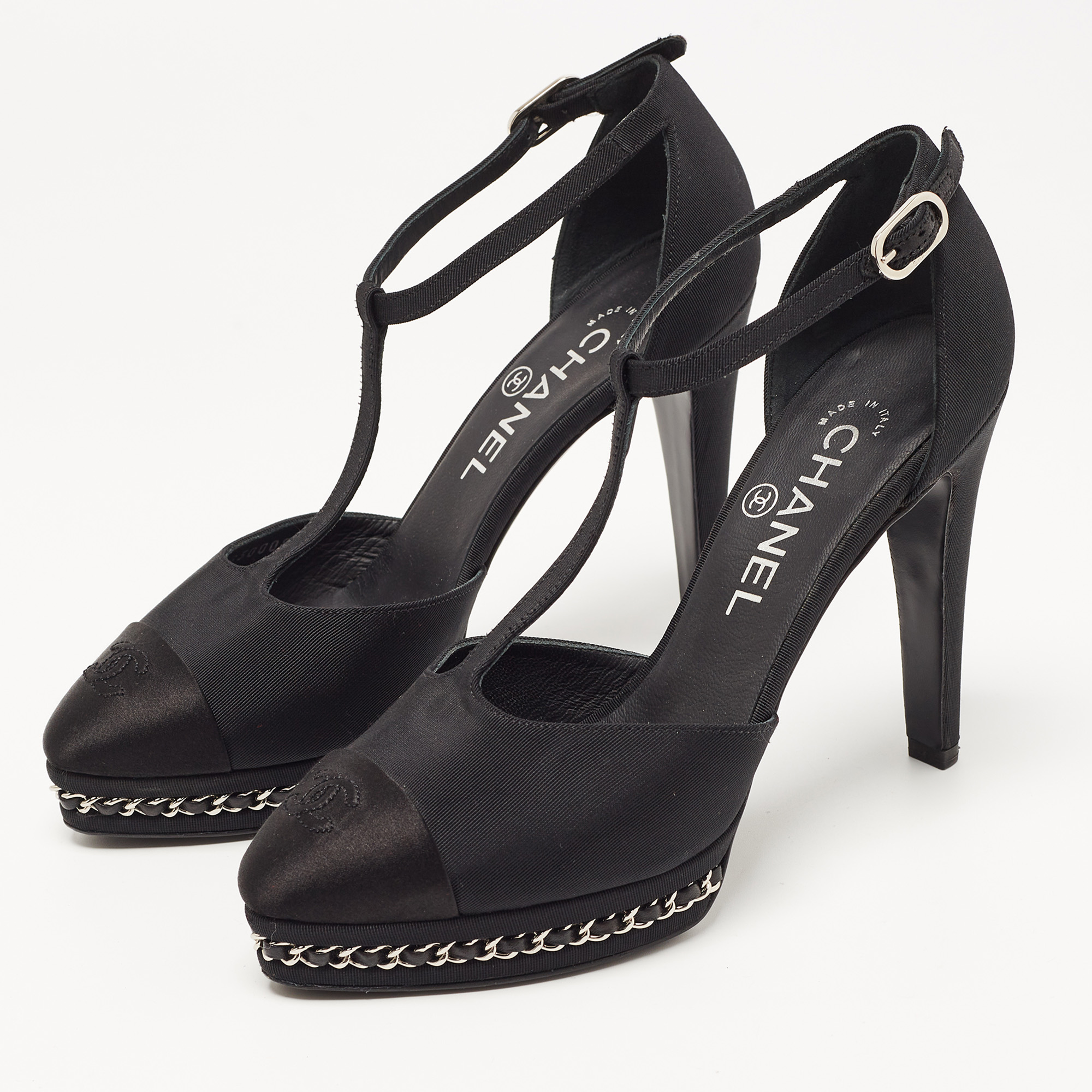 

Chanel Black Fabric and Satin CC Chain Link Platform T-Strap Pumps Size