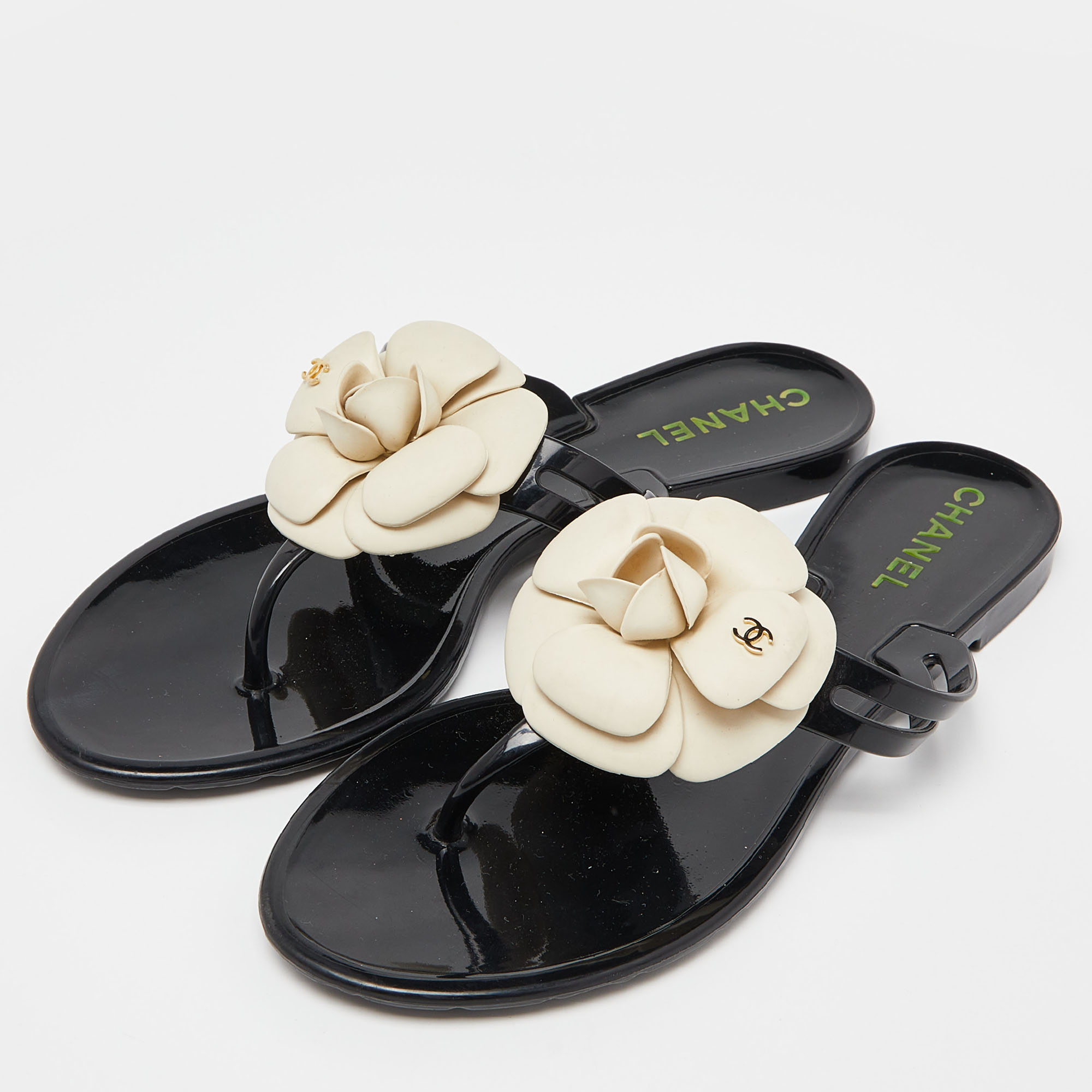 

Chanel Black Jelly Camellia Slip On Slides Size