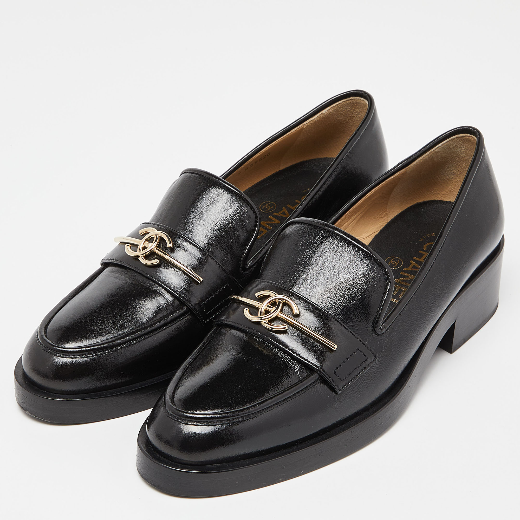 

Chanel Black Leather CC Loafers Size