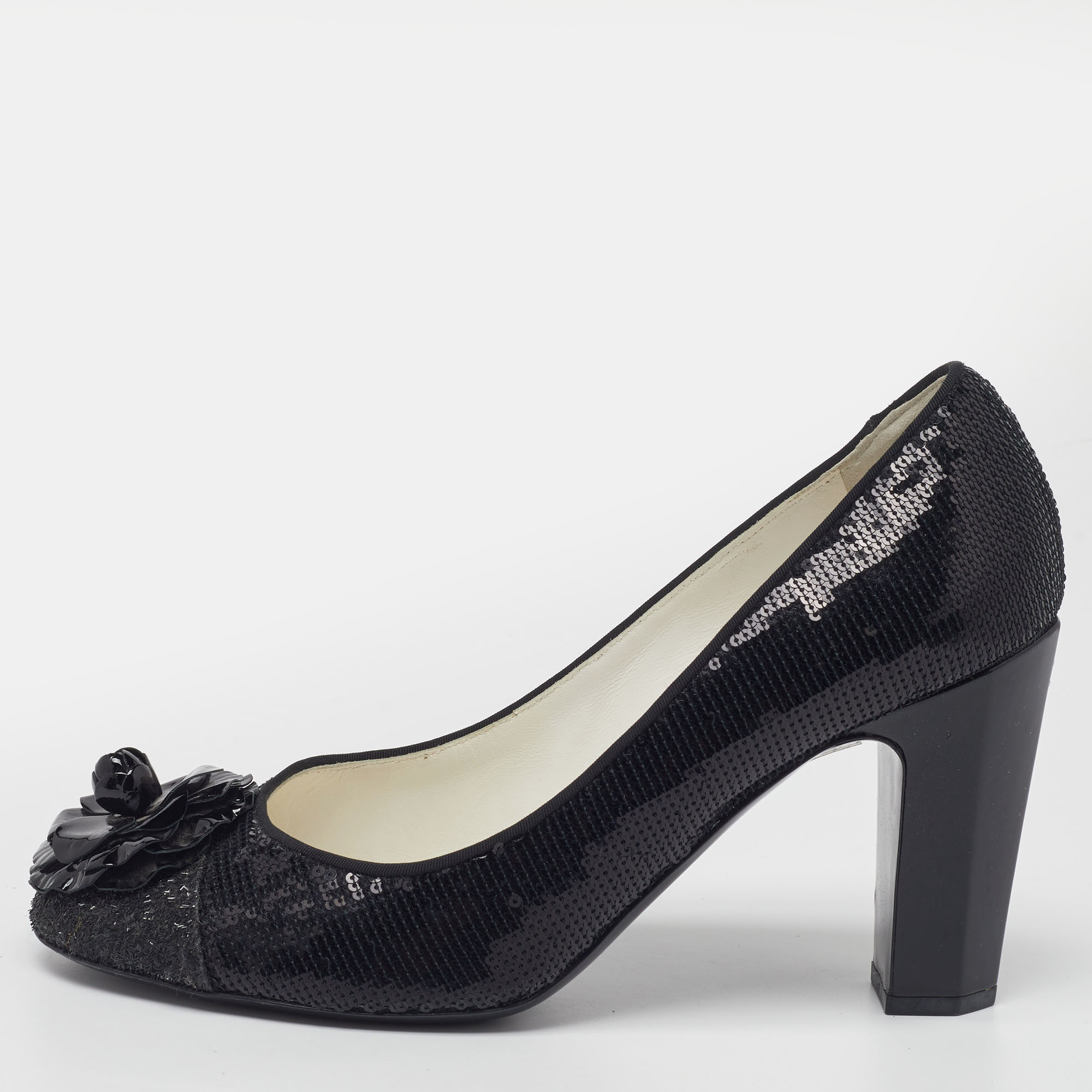 Pre-owned Chanel Black Sequins Camellia Cc Block Heel Pumps Size 41