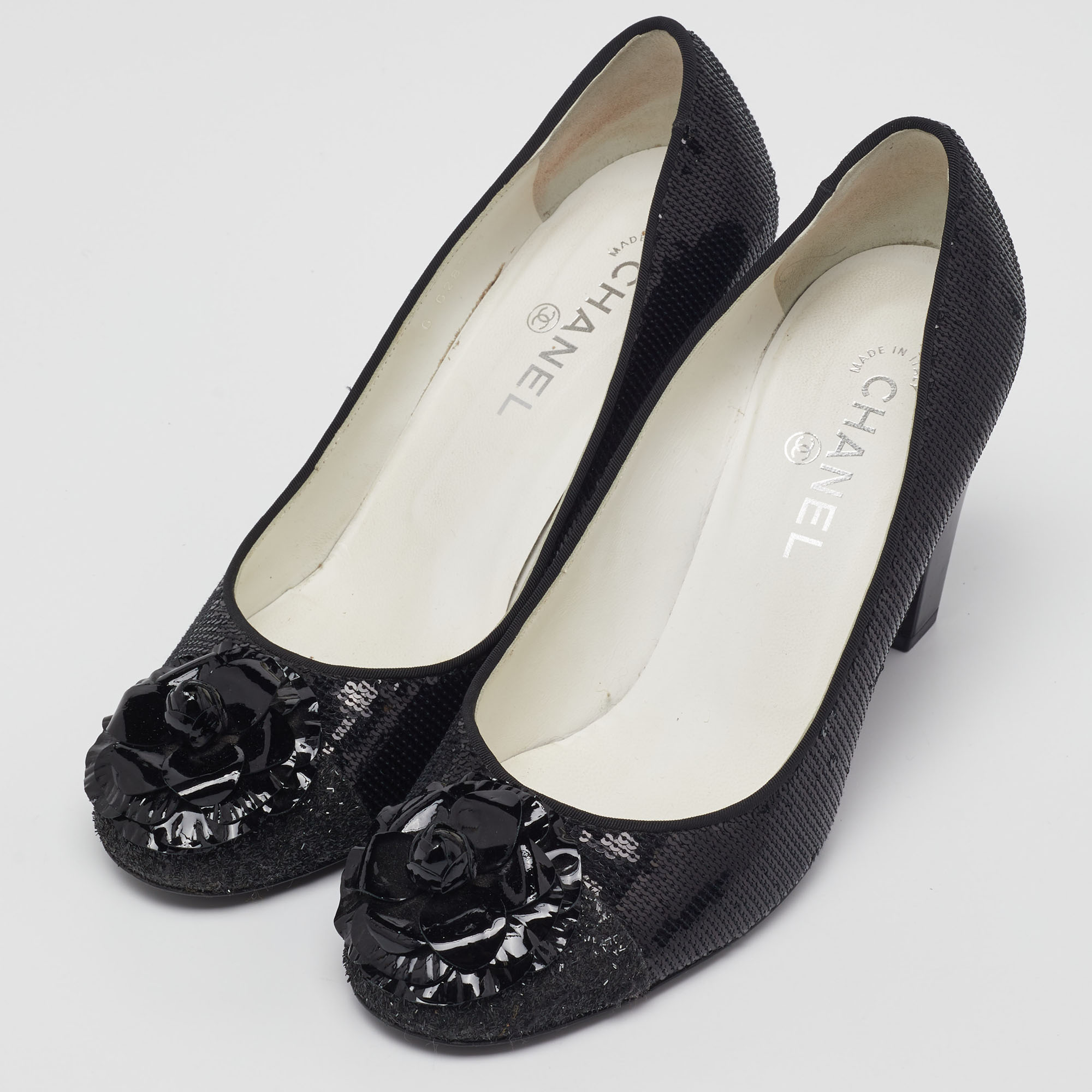 

Chanel Black Sequins Camellia CC Block Heel Pumps Size