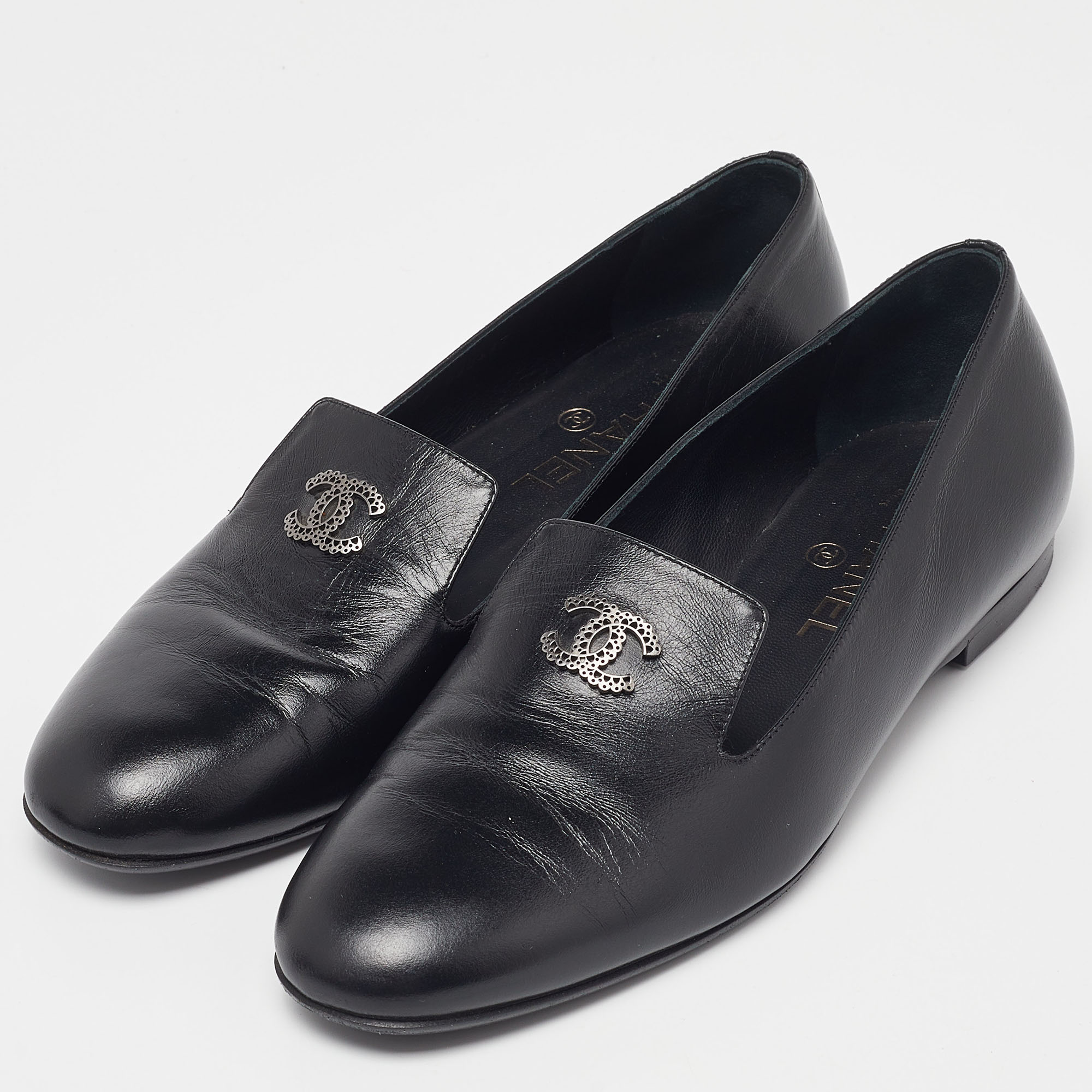 

Chanel Black Leather CC Loafers Size