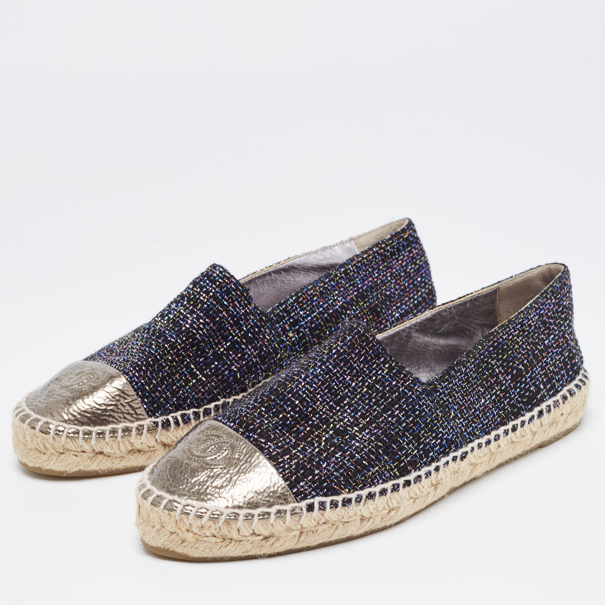 

Chanel Metallic Tweed and Leather Cap Toe CC Espadrille Flats Size
