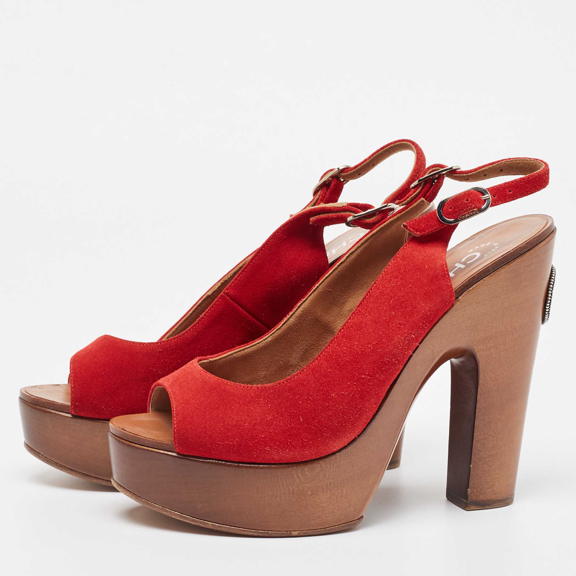 

Chanel Red Suede Wooden Block Heel Slingback Platform Pumps Size